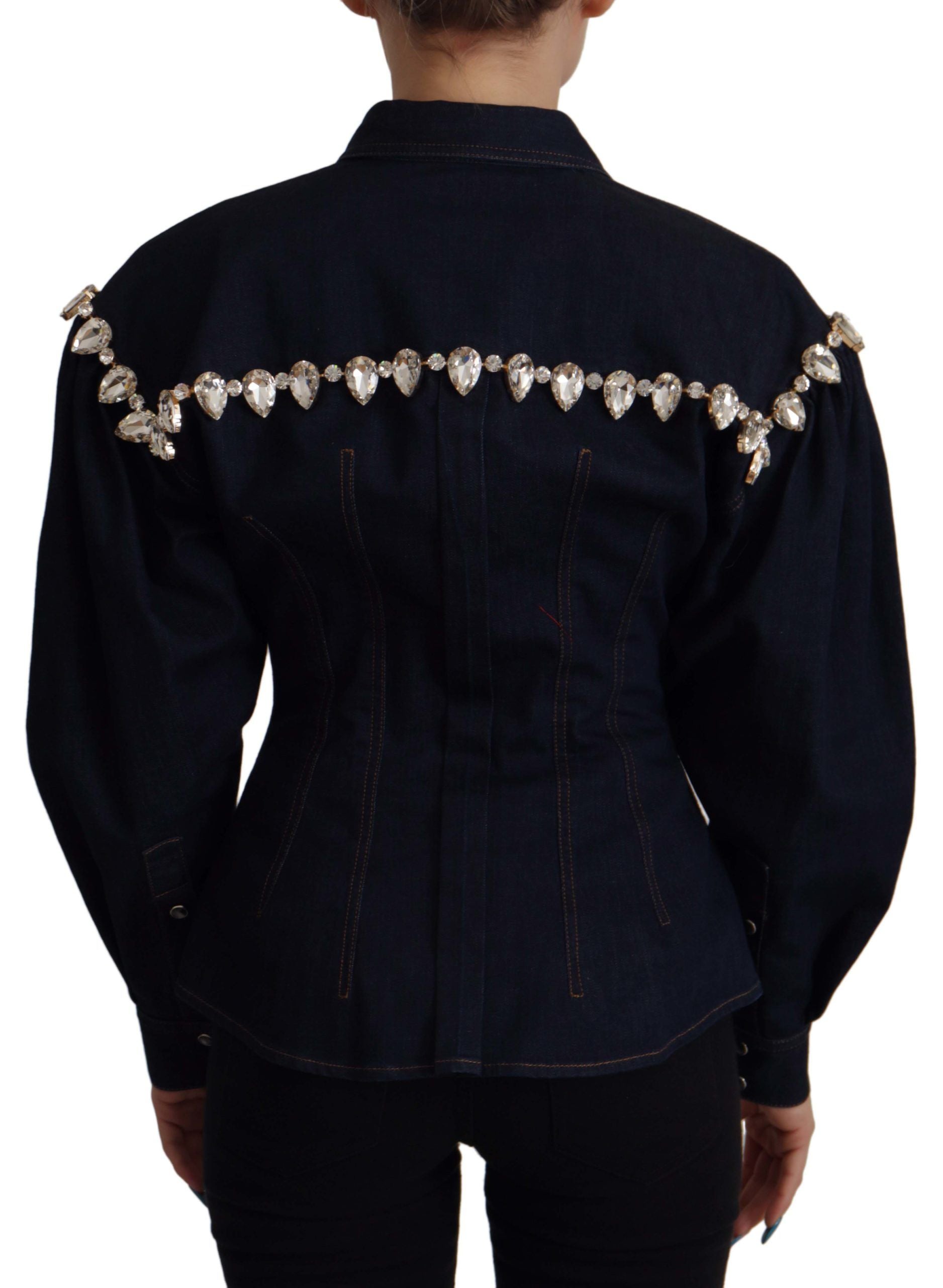 Blue Denim Crystal Embellish Cotton Jacket - ventzia