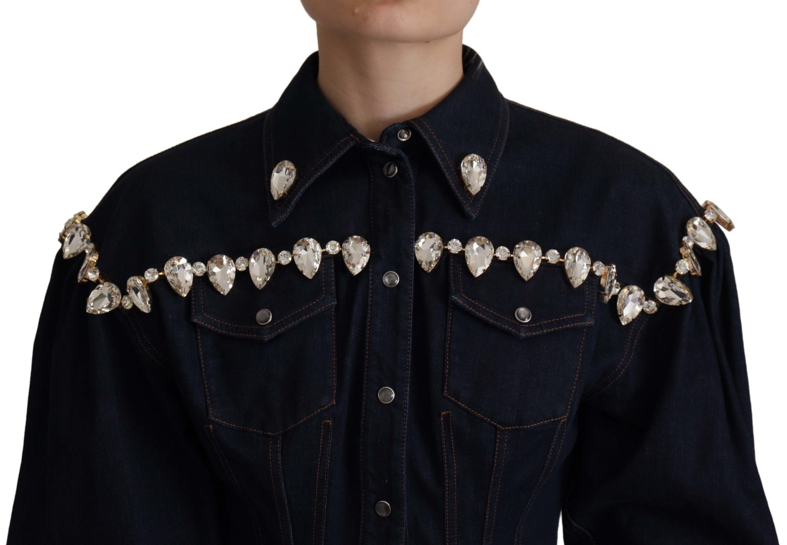 Blue Denim Crystal Embellish Cotton Jacket - ventzia