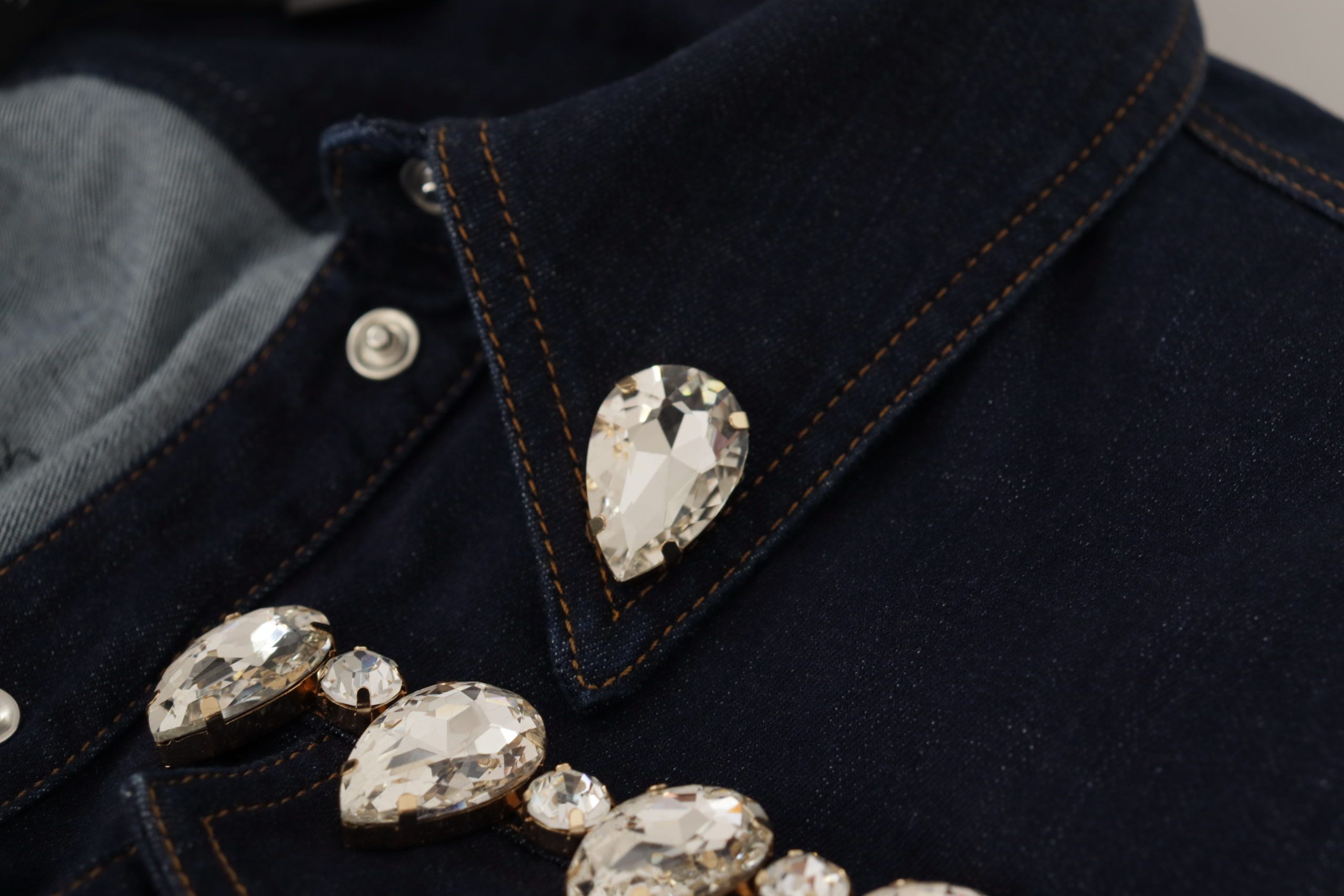 Blue Denim Crystal Embellish Cotton Jacket - ventzia