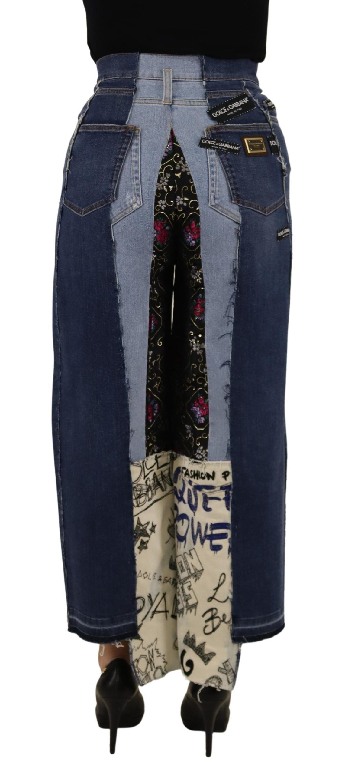 Multicolor Patchwork DG Fashion Wide Leg Denim Pant - ventzia