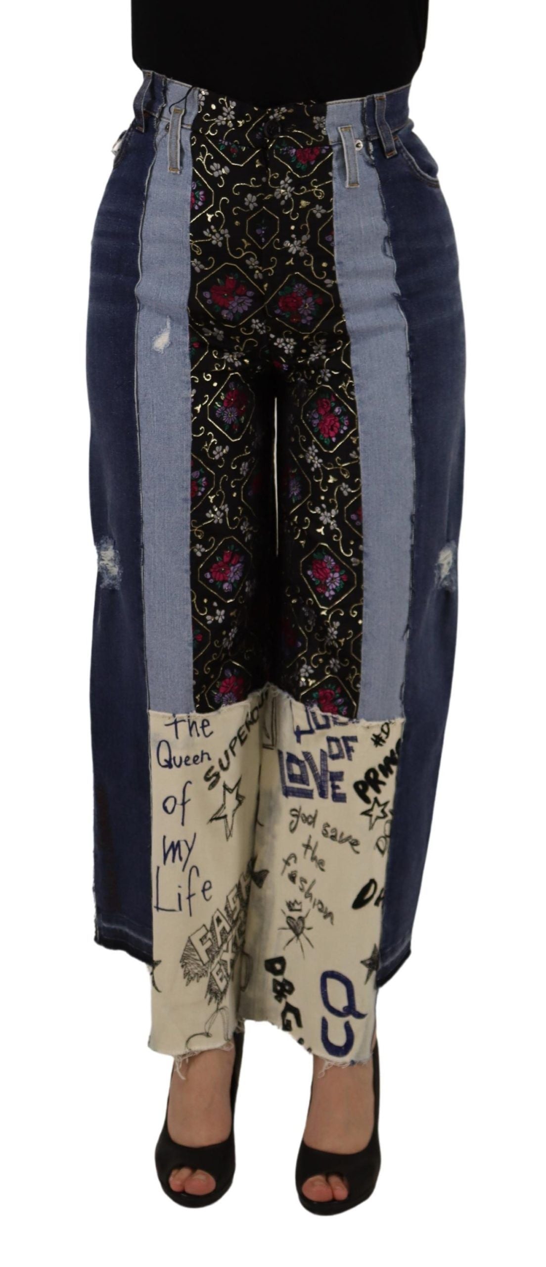 Multicolor Patchwork DG Fashion Wide Leg Denim Pant - ventzia