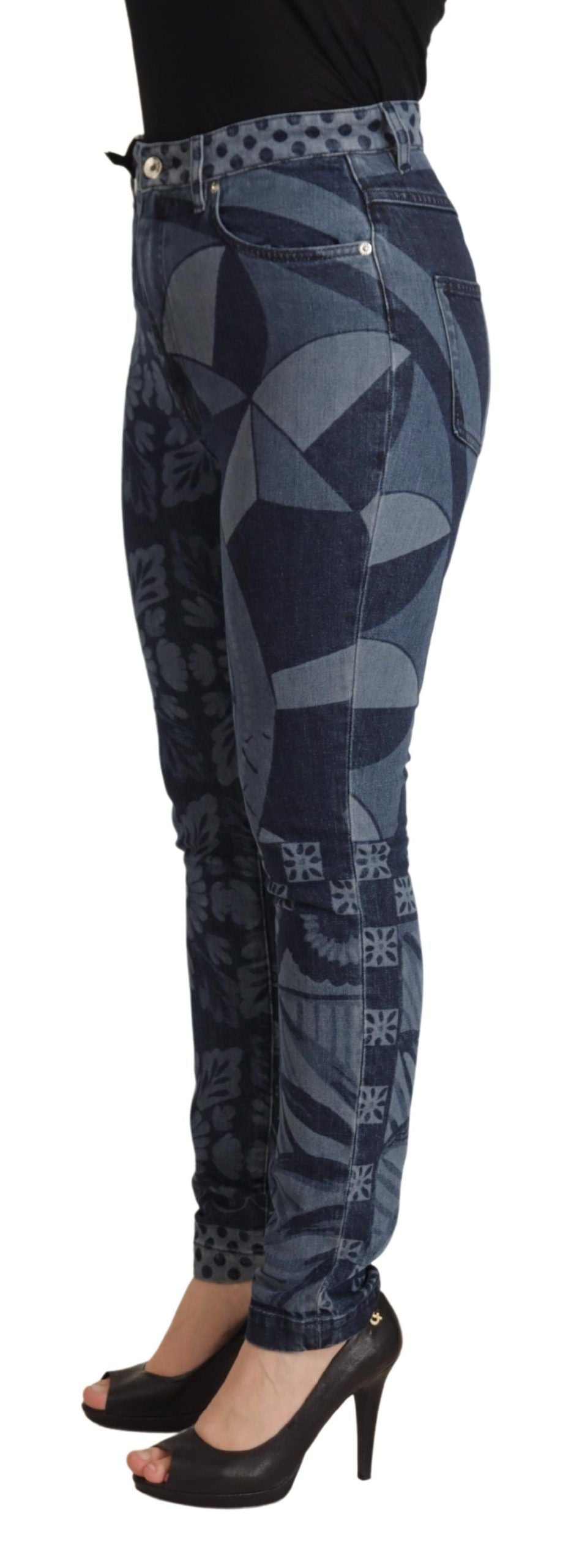 Blue Floral High Waist Skinny Denim Jeans - ventzia