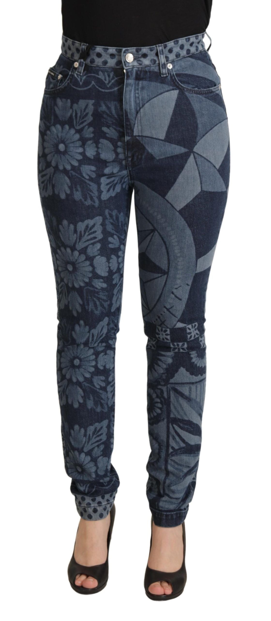Blue Floral High Waist Skinny Denim Jeans - ventzia