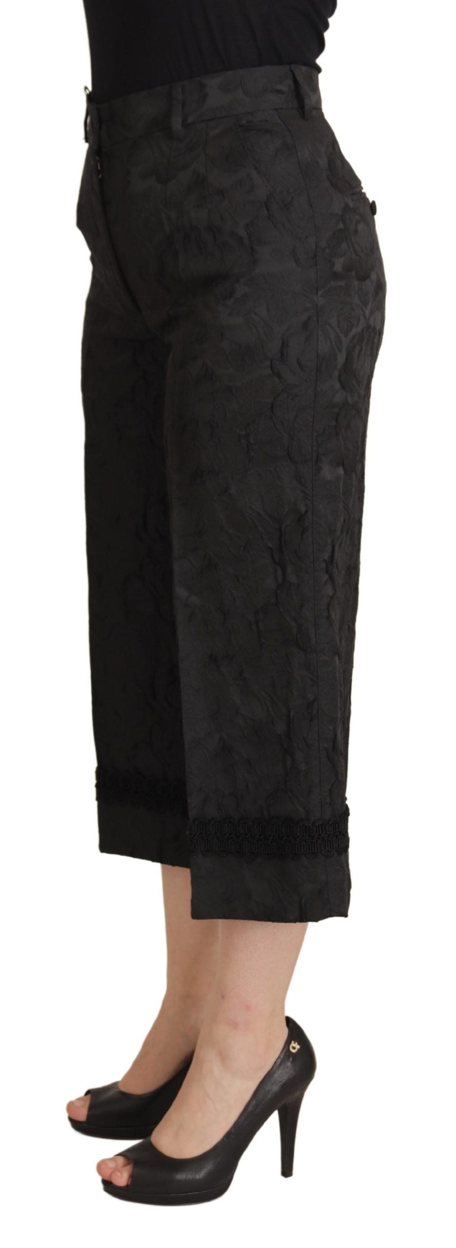 Black Brocade Cropped High Waist Pants - ventzia