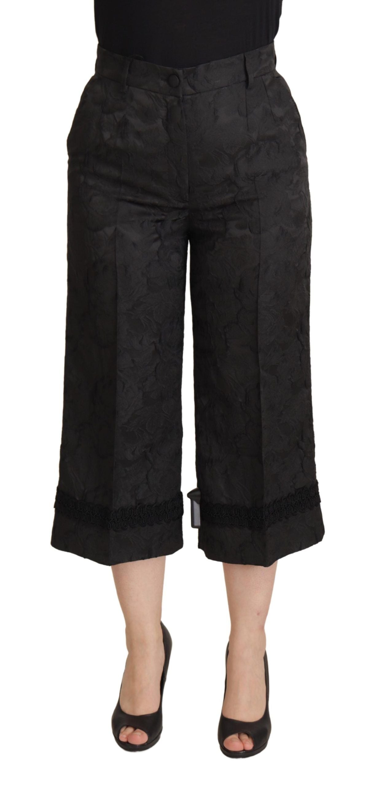 Black Brocade Cropped High Waist Pants - ventzia