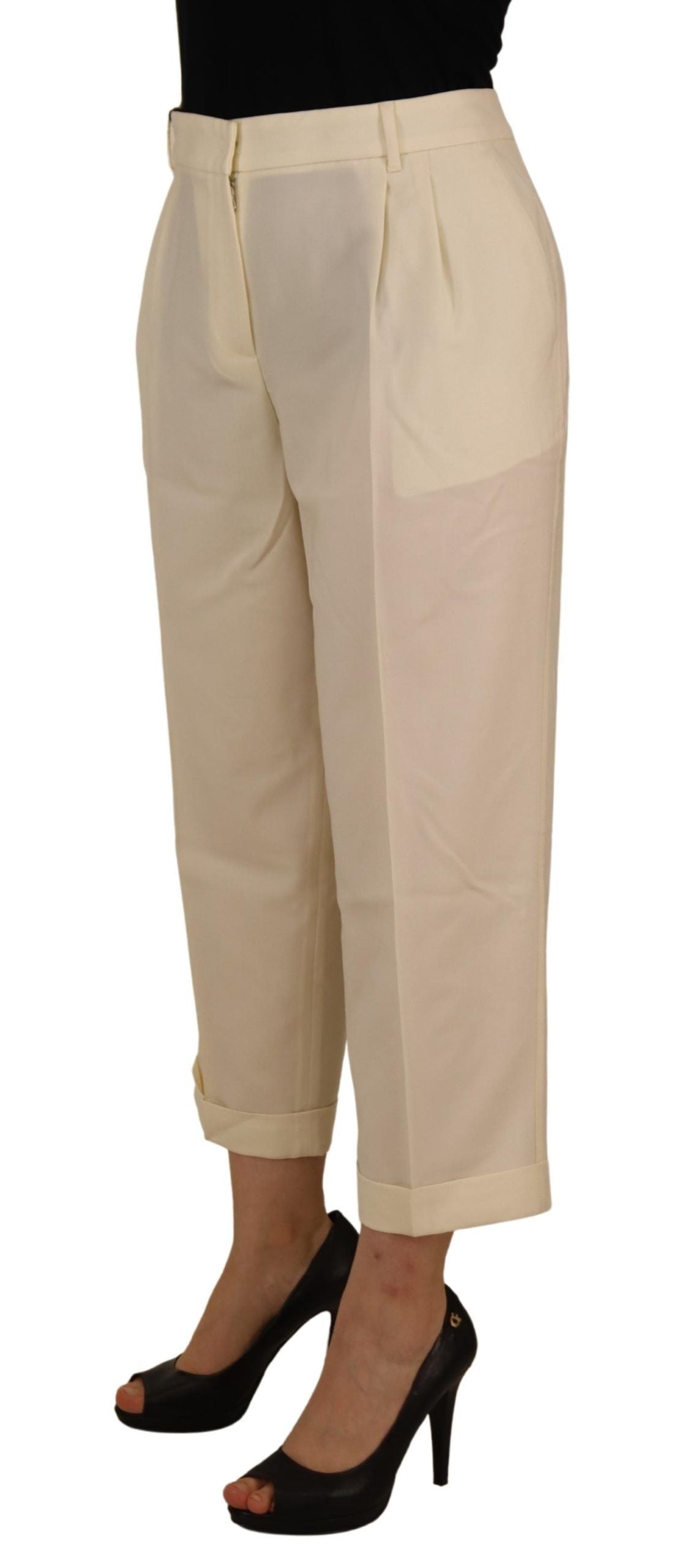 Ivory High Waist Cropped Folded Hem Trousers Pants - ventzia