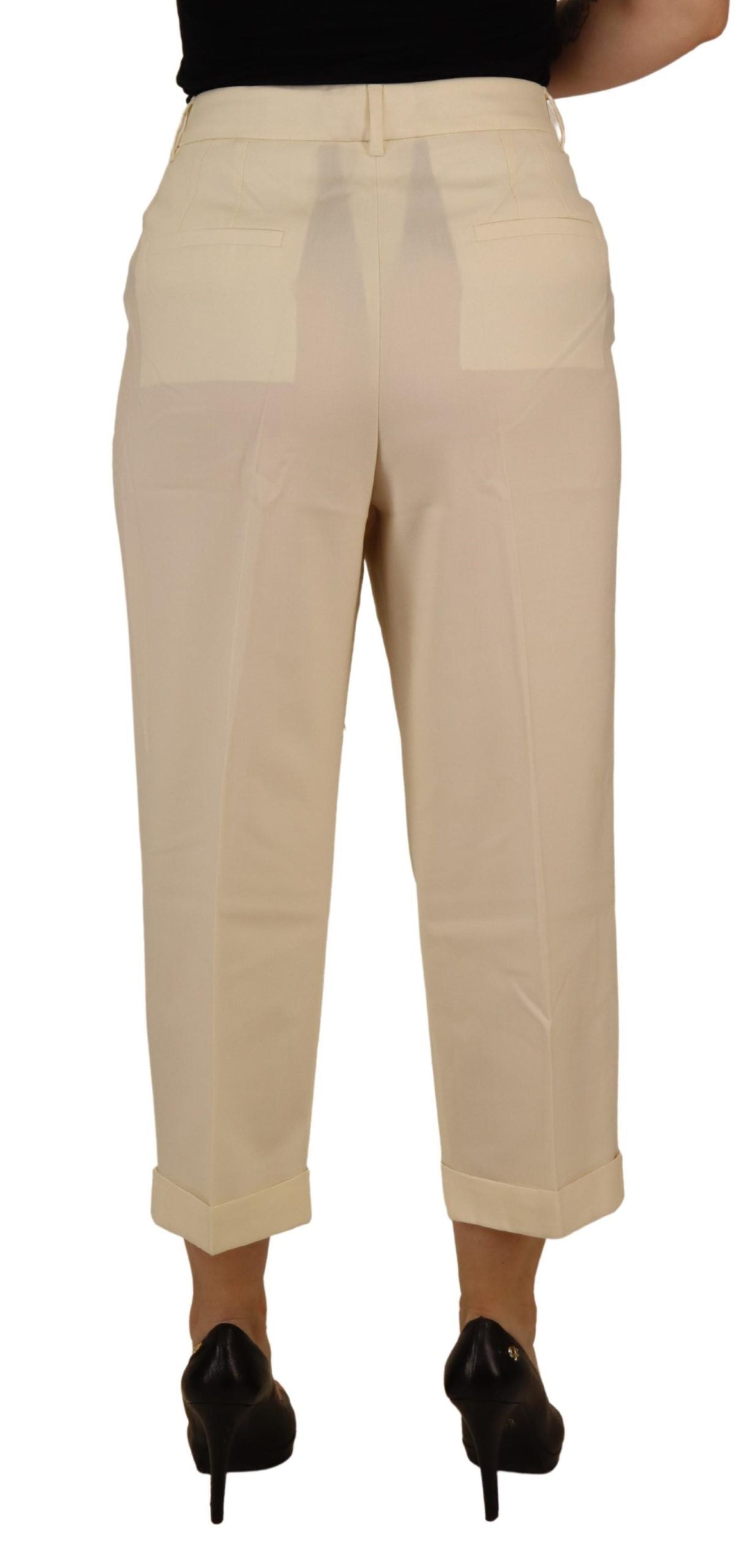 Ivory High Waist Cropped Folded Hem Trousers Pants - ventzia