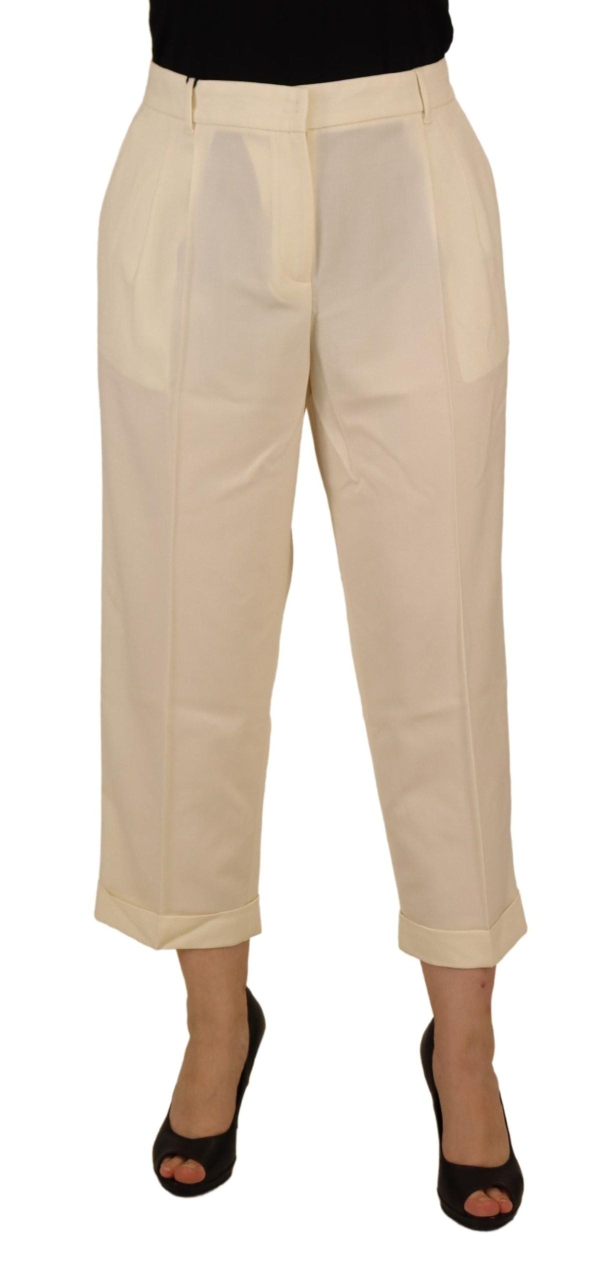 Ivory High Waist Cropped Folded Hem Trousers Pants - ventzia