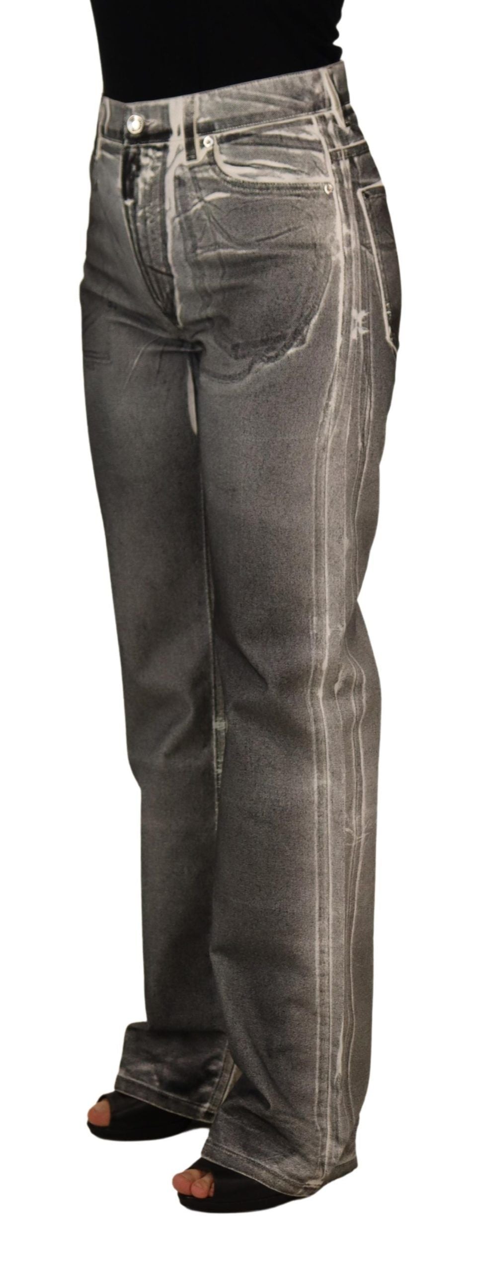 Grey Washed High Waist Denim Pants Cotton Jeans - ventzia