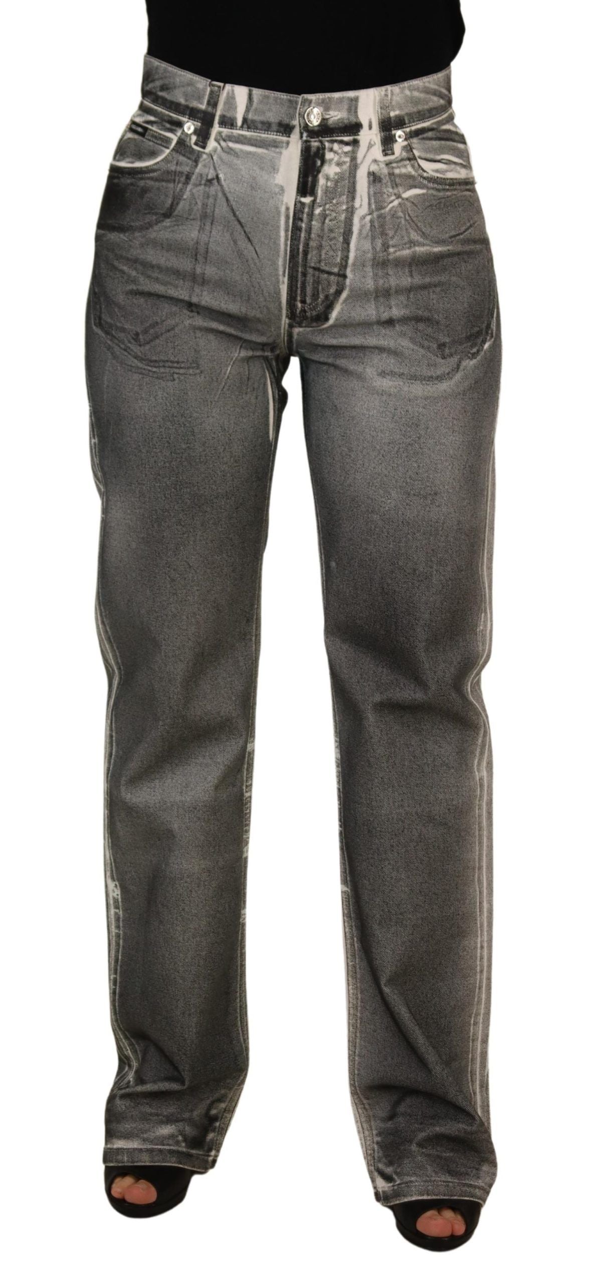 Grey Washed High Waist Denim Pants Cotton Jeans - ventzia
