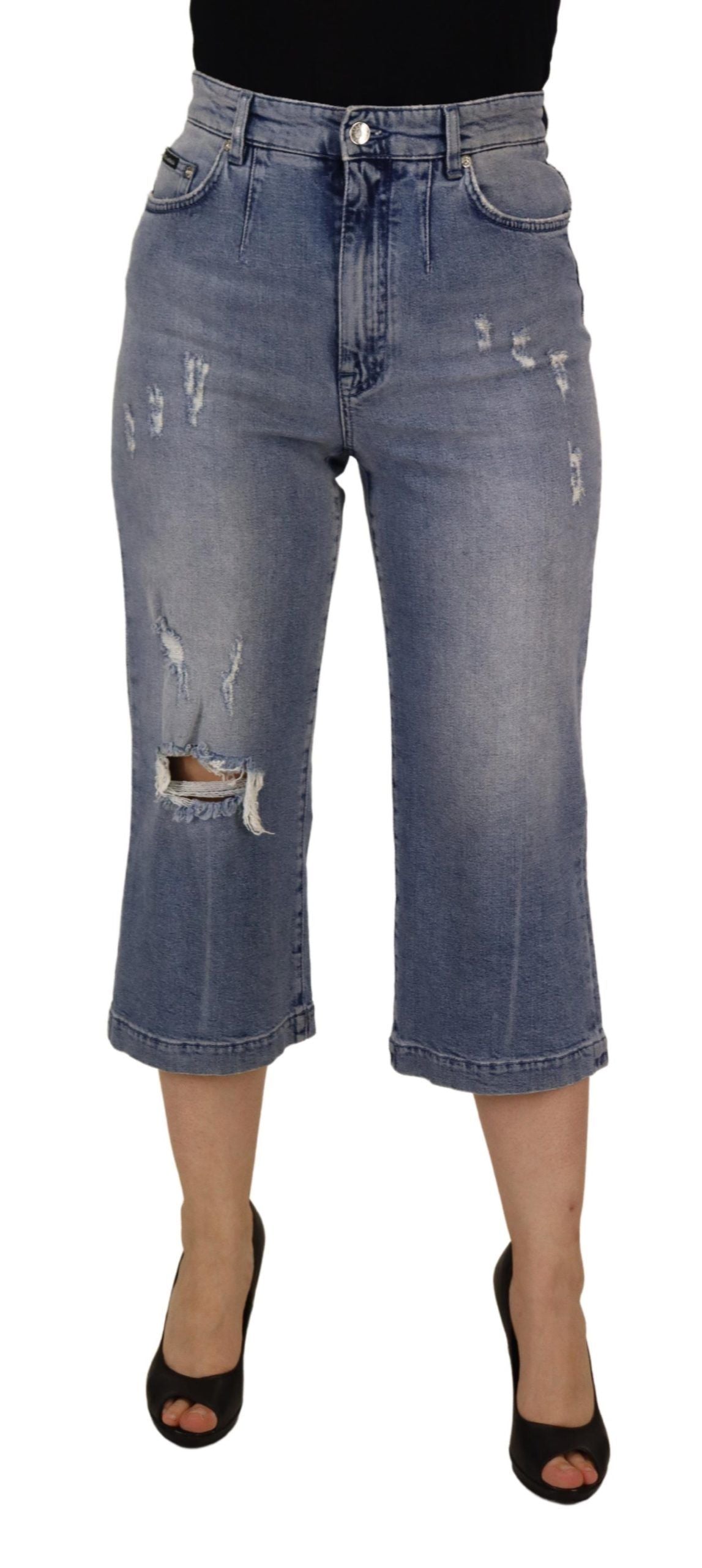 Blue Washed High Waist Cropped Denim Jeans - ventzia