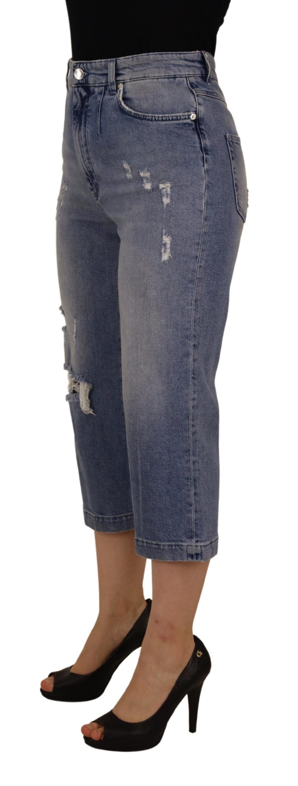 Blue Washed High Waist Cropped Denim Jeans - ventzia