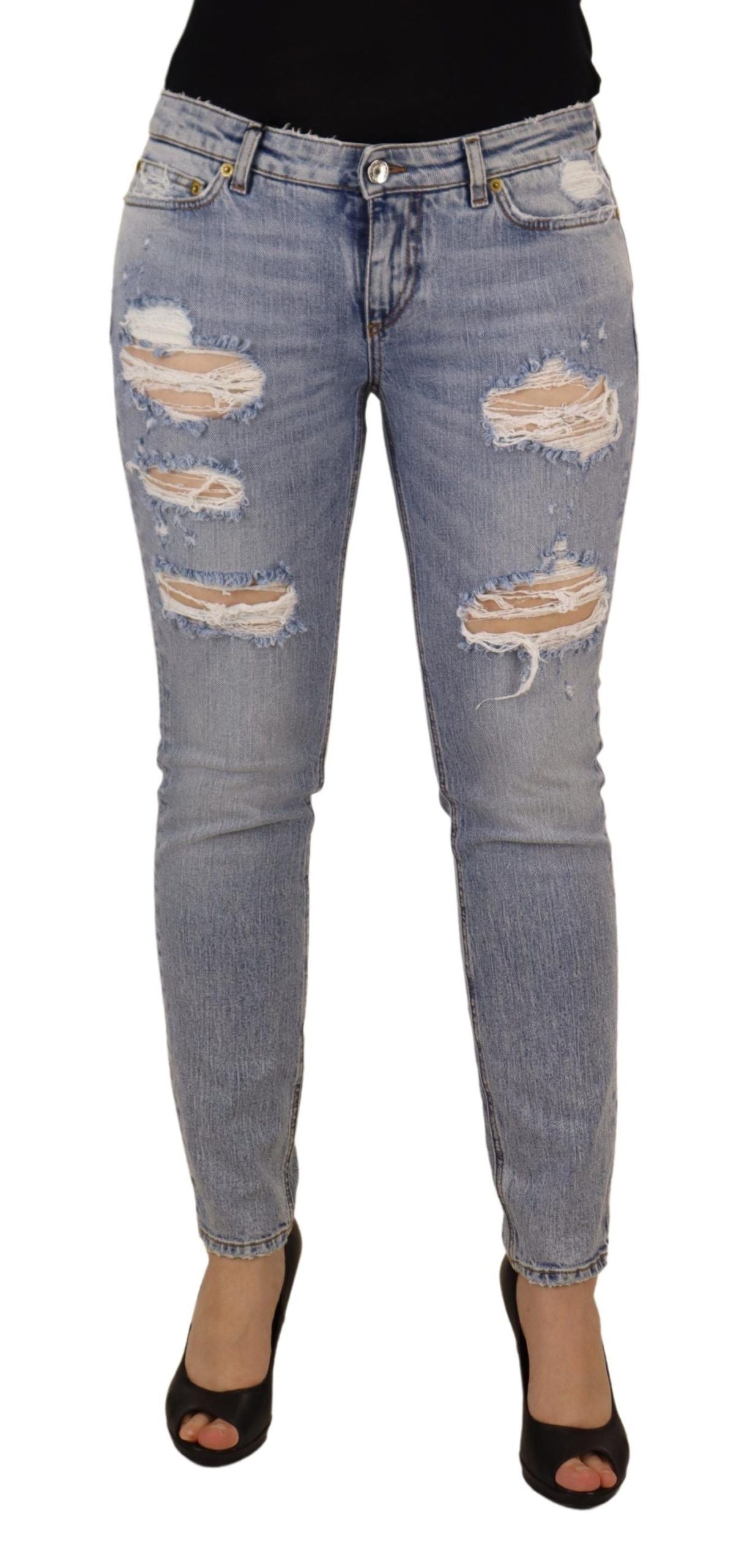 Blue Cotton Stretch Skinny Low Waist Denim Jeans - ventzia