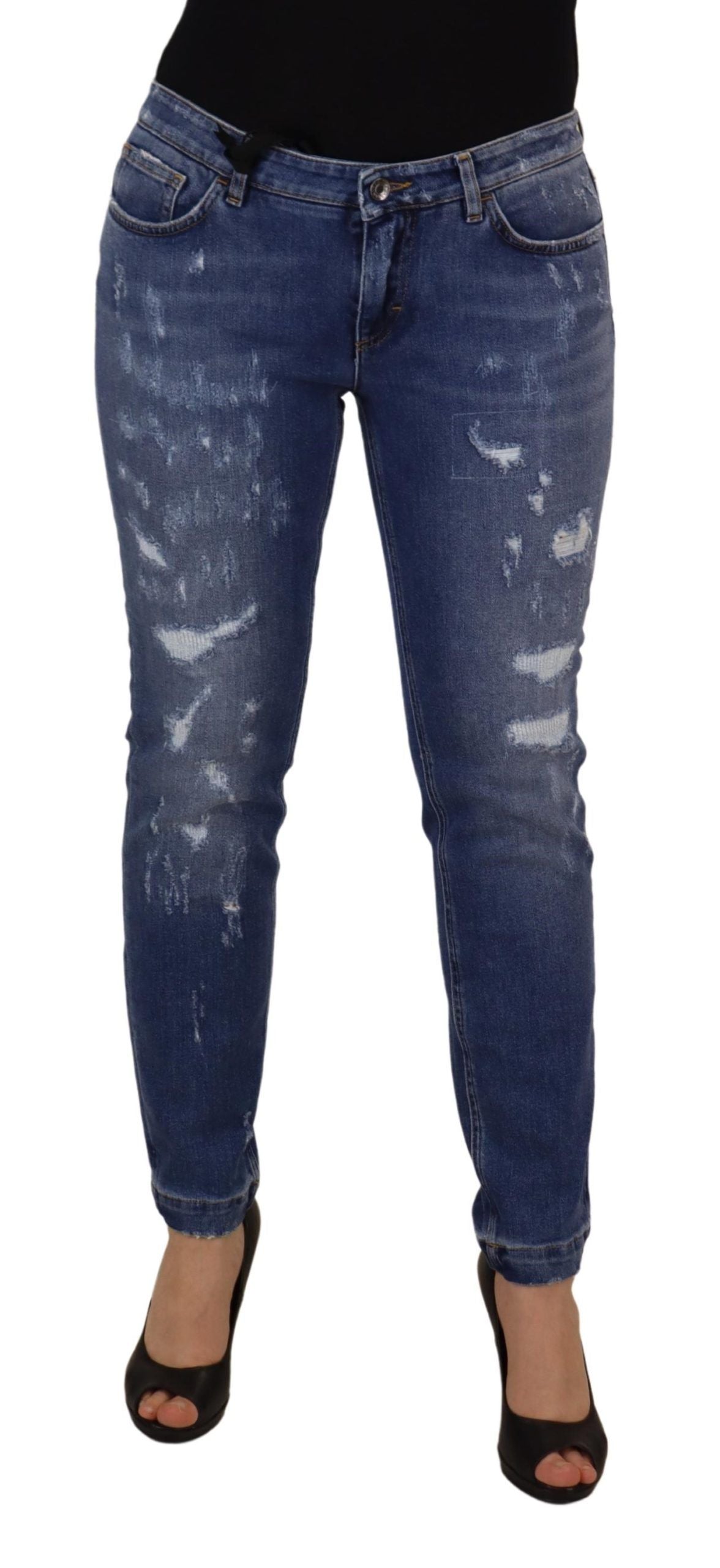 Blue Washed Cotton Skinny Low Waist Denim Jeans - ventzia