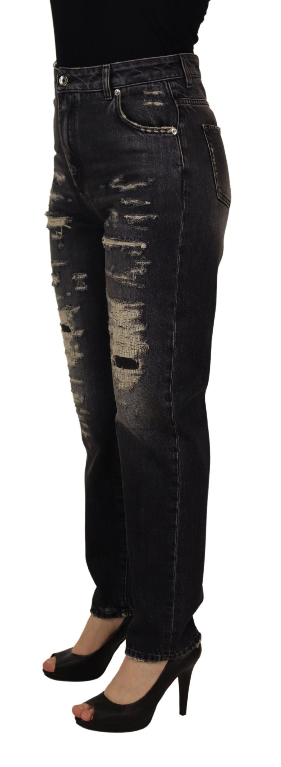 Black Washed Tattered High Waist Denim Jeans - ventzia