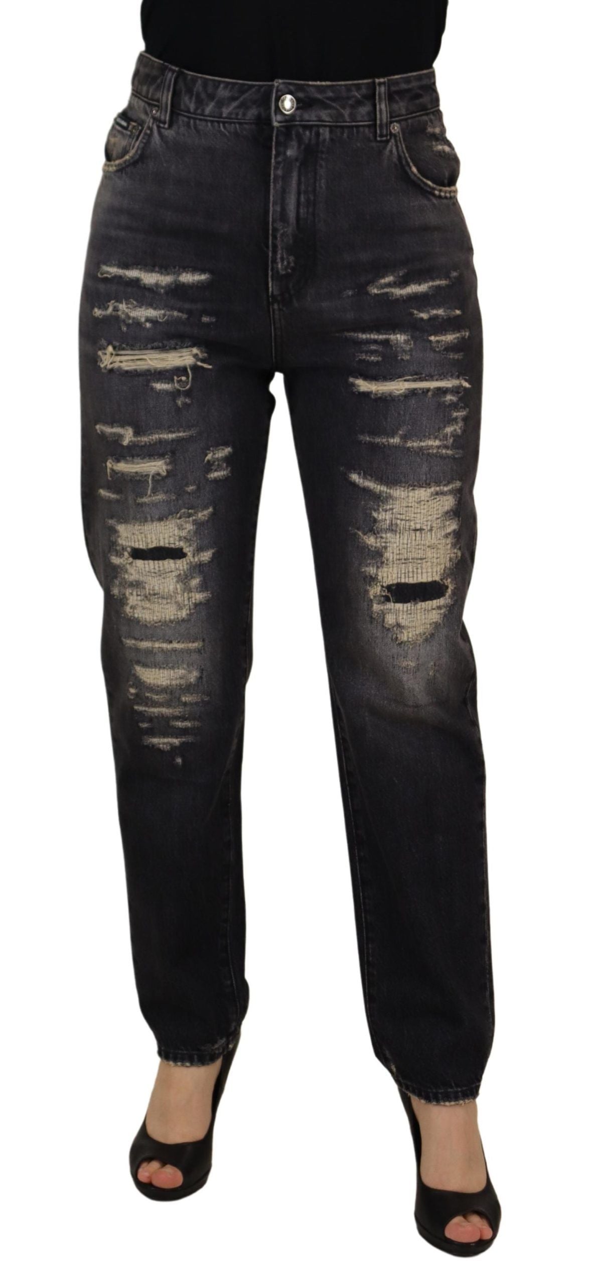 Black Washed Tattered High Waist Denim Jeans - ventzia
