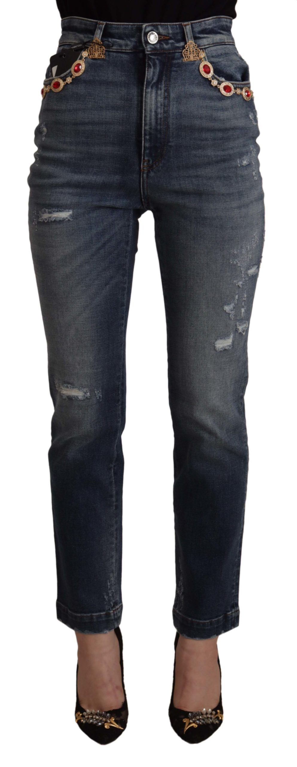 Blue Denim Crystal Embellished Pants Jeans - ventzia