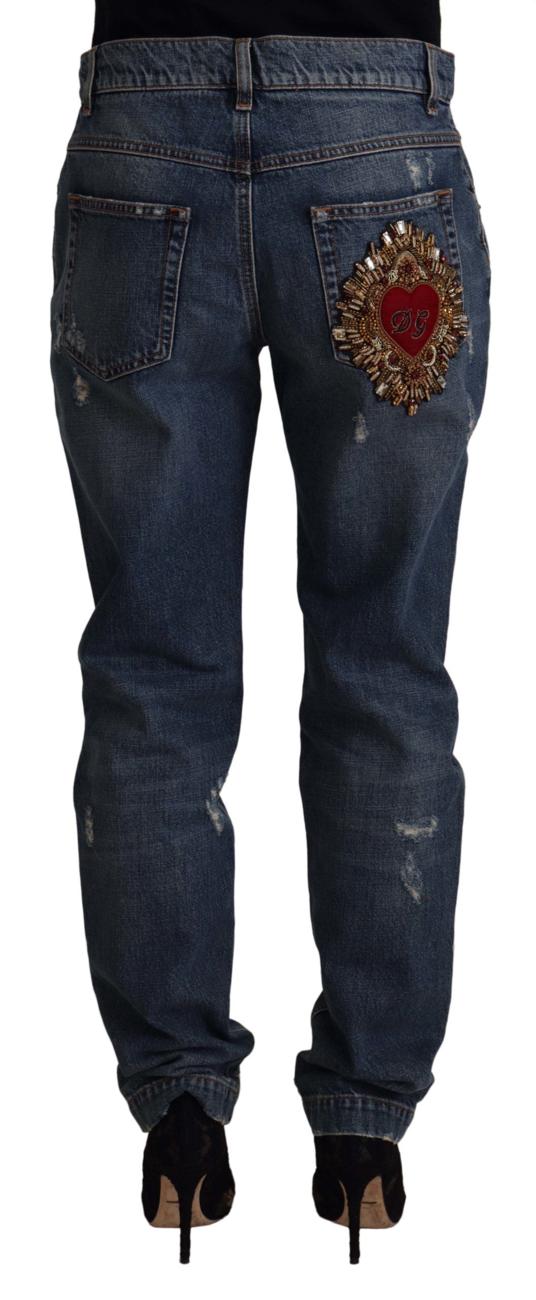 Blue Denim Baroque Heart Logo Patch Pants Jeans - ventzia