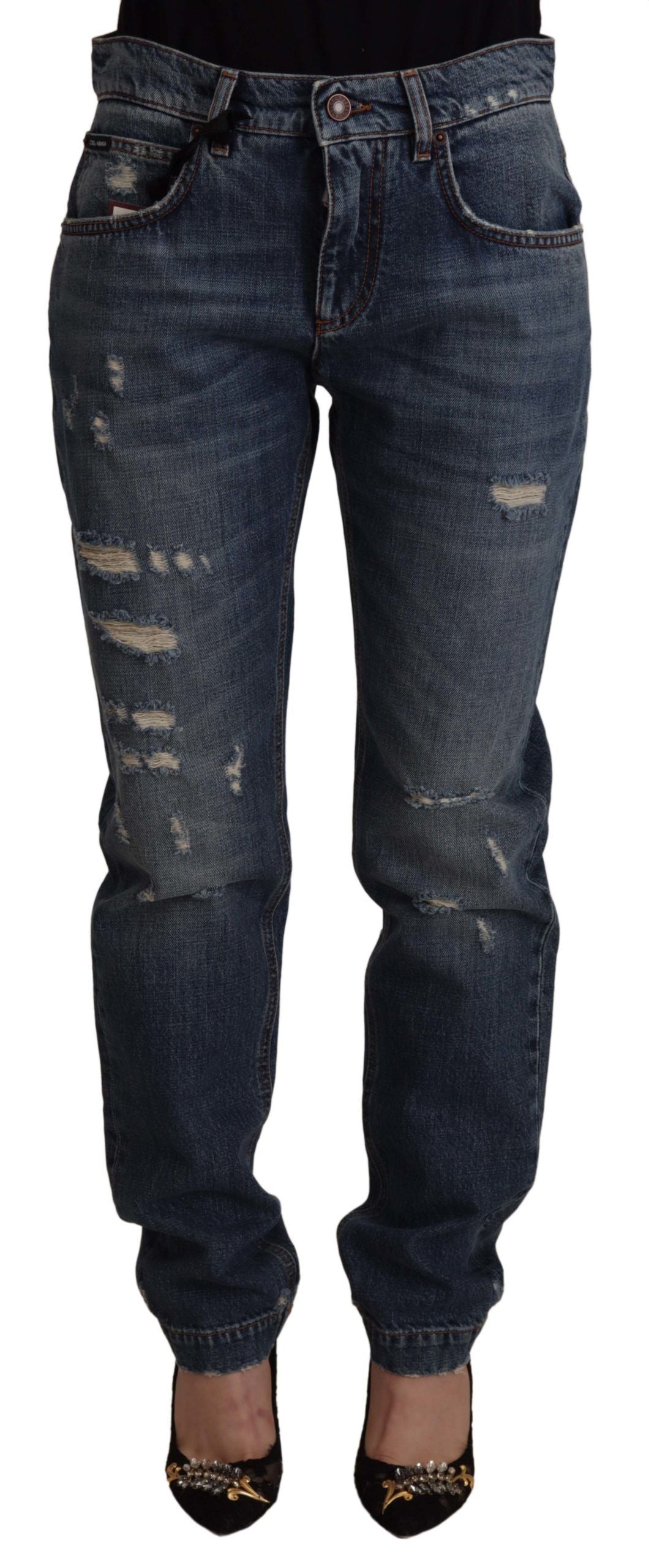 Blue Denim Baroque Heart Logo Patch Pants Jeans - ventzia