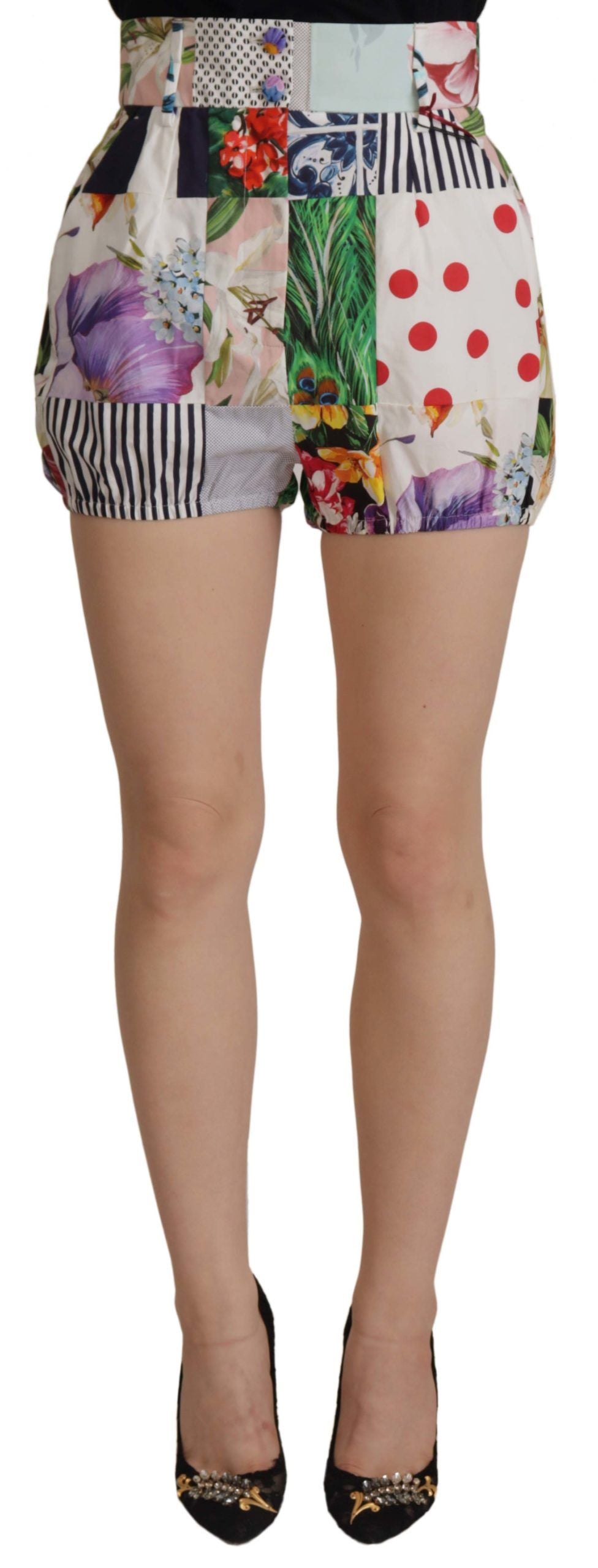 Multicolor Patchwork High Waist Cotton Shorts - ventzia