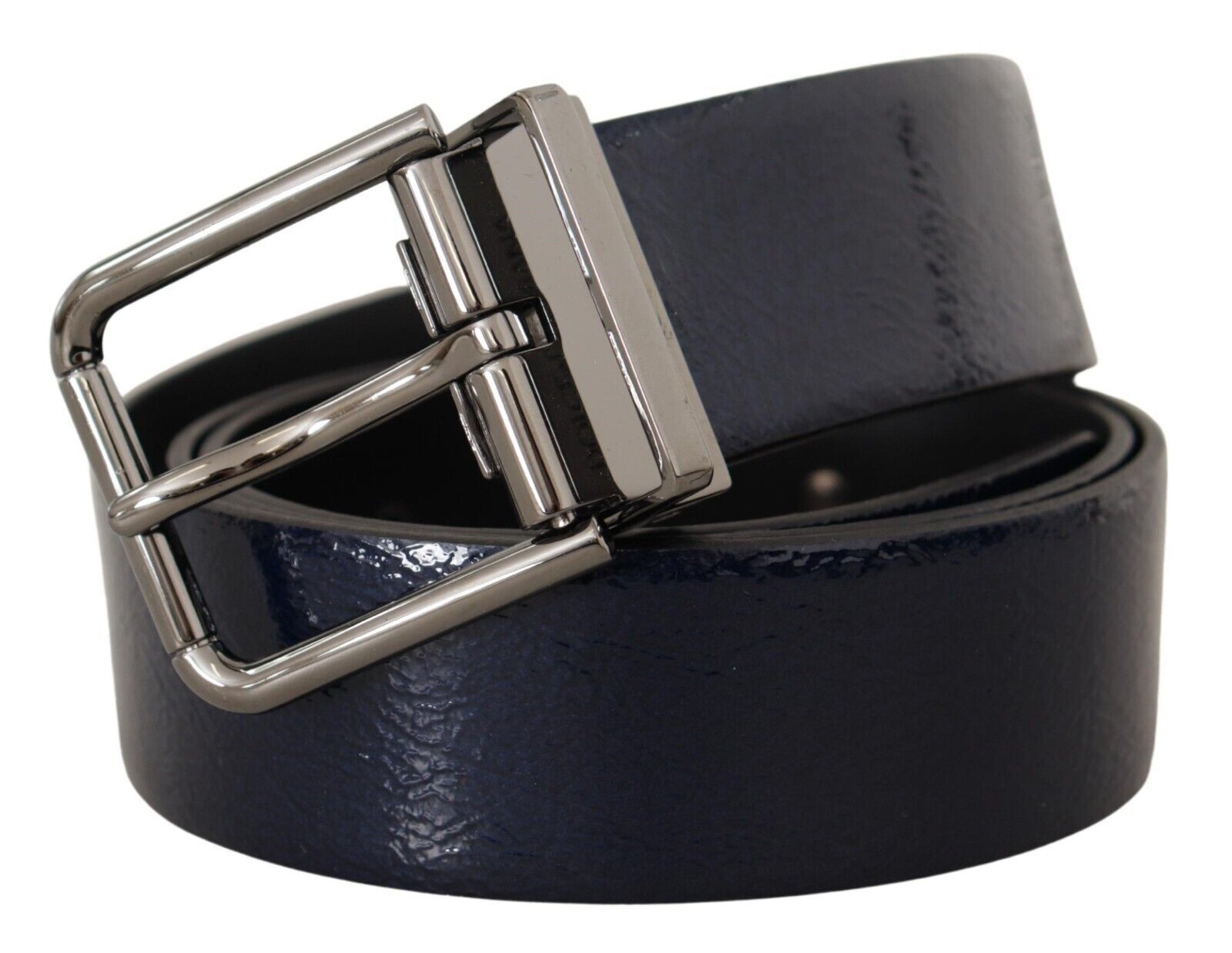 Blue Patent Leather Vernice Silver Logo Buckle Belt - ventzia