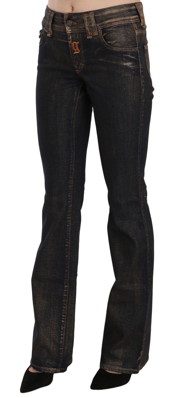 Black Washed Mid Waist Flared Denim Pants Cotton - ventzia