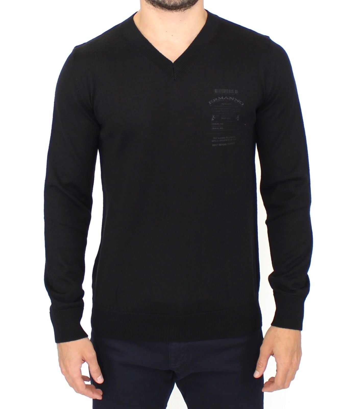 Elegant Black V-Neck Wool Blend Sweater - ventzia