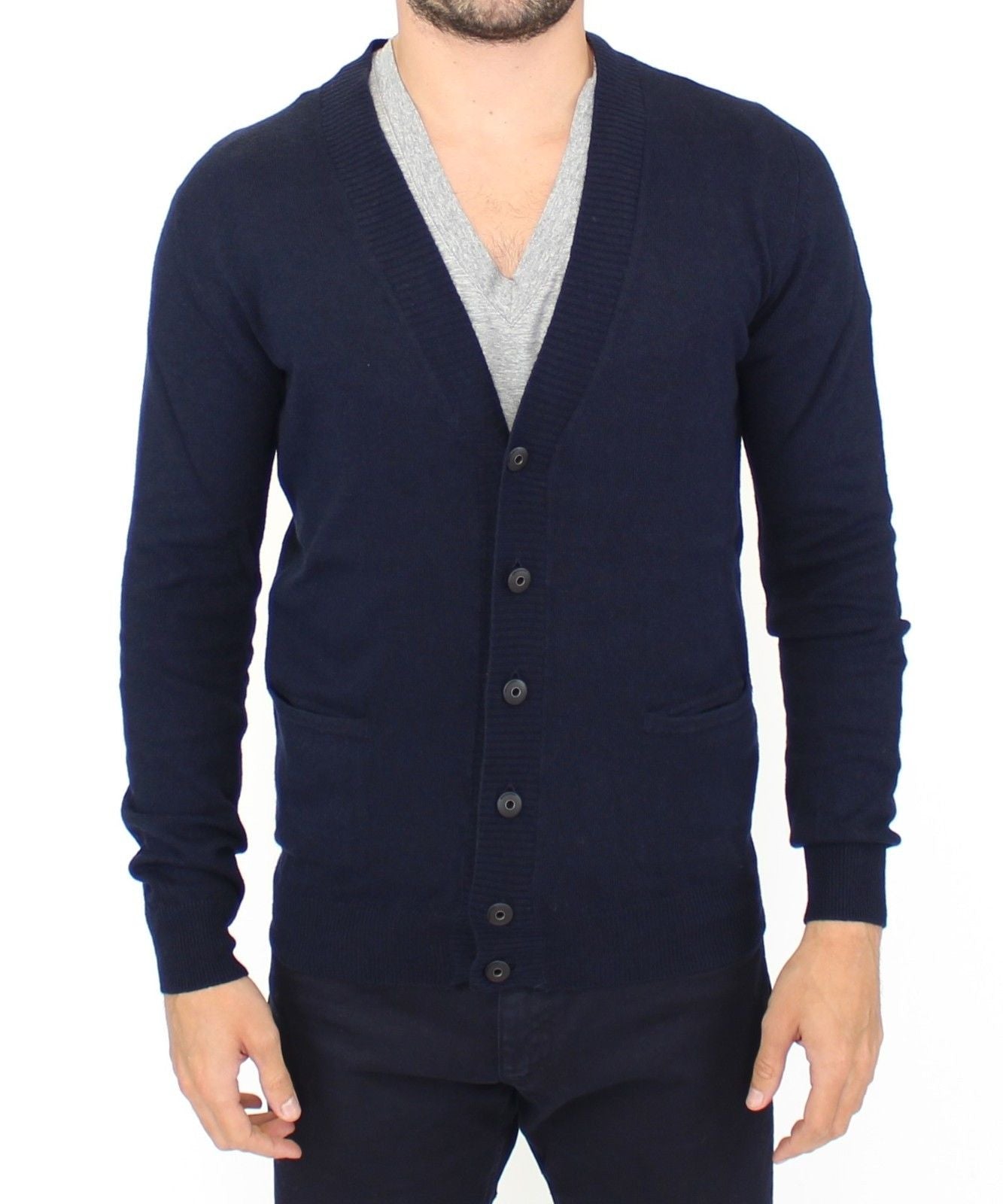 Chic Blue Wool Blend Cardigan Sweater - ventzia