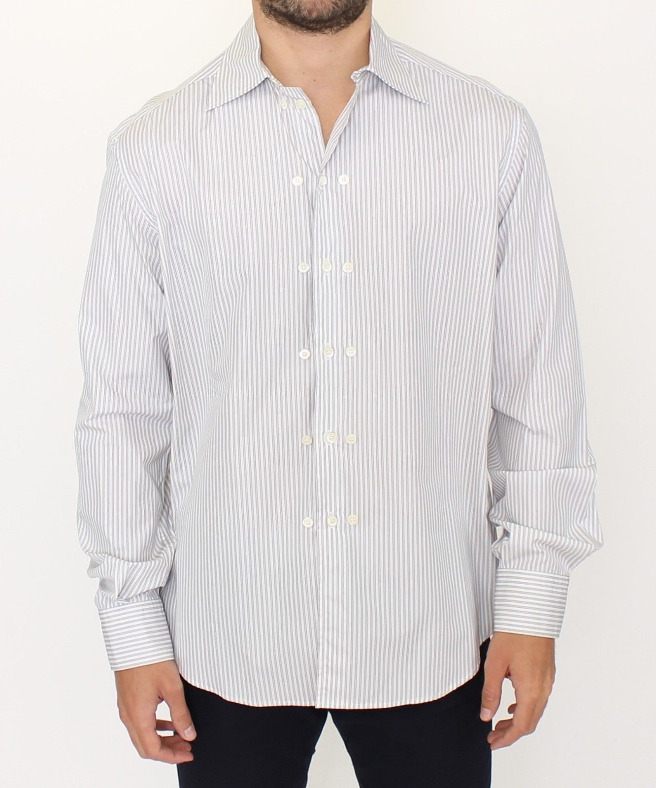 Elegant White and Gray Striped Cotton Shirt - ventzia