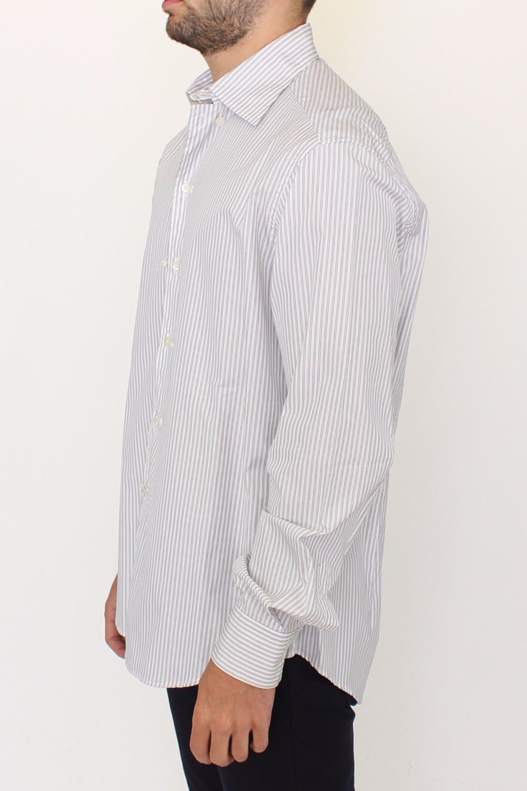 Elegant White and Gray Striped Cotton Shirt - ventzia