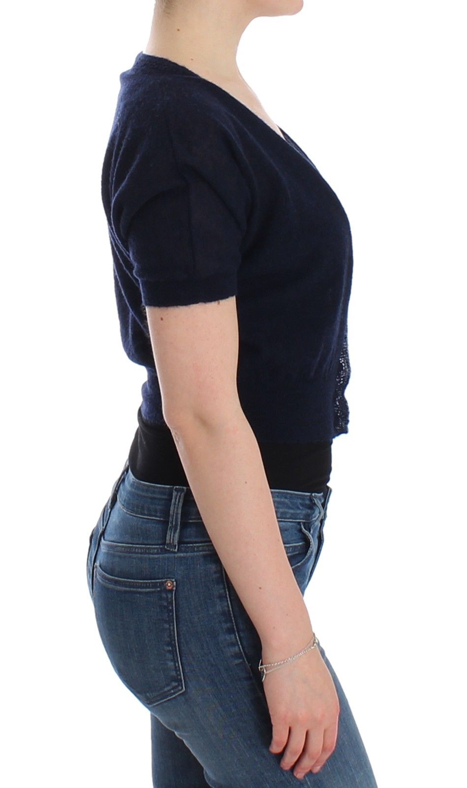 Elegant Cropped Blue Alpaca Blend Sweater - ventzia