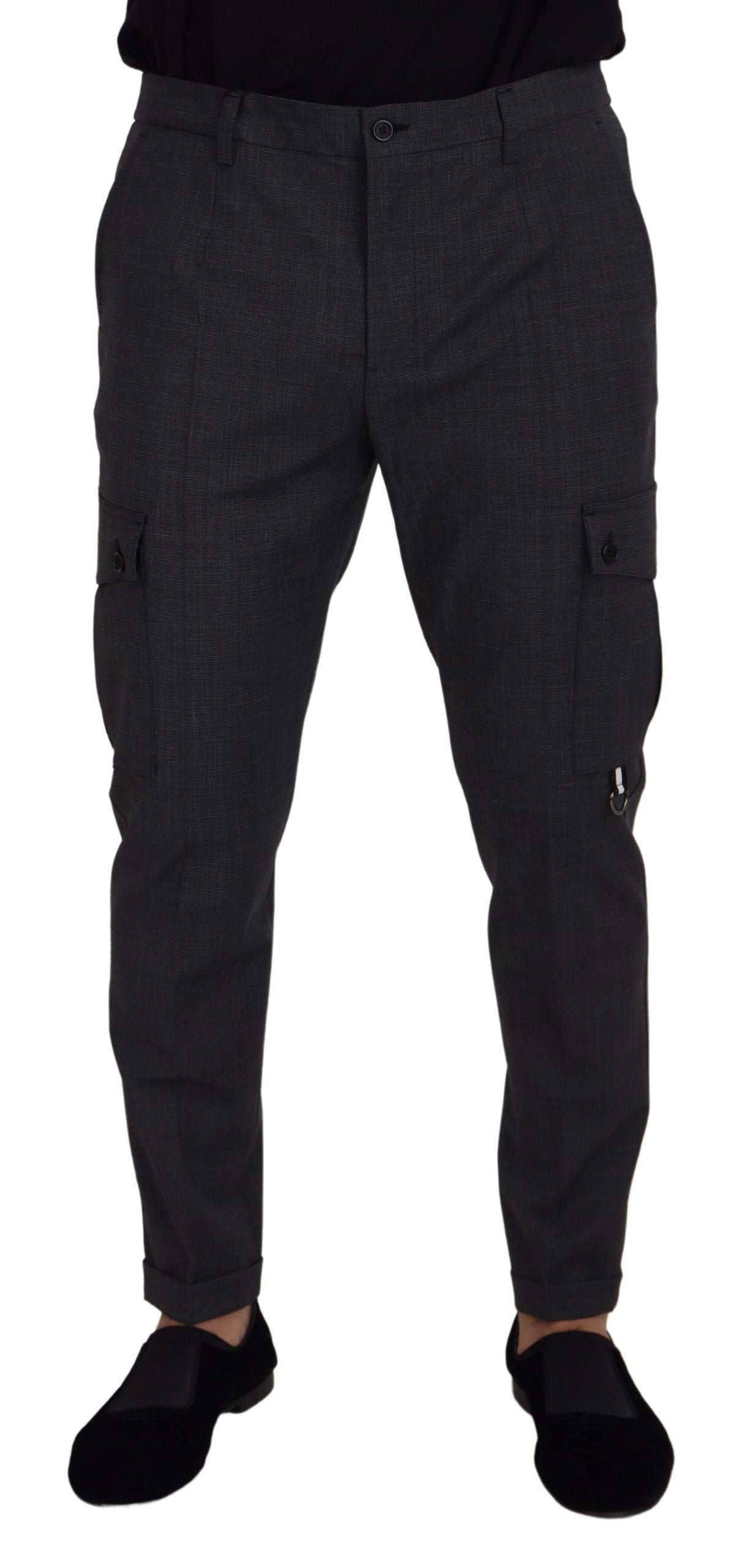 Gray Checked Cargo Trousers Stretch Pants - ventzia