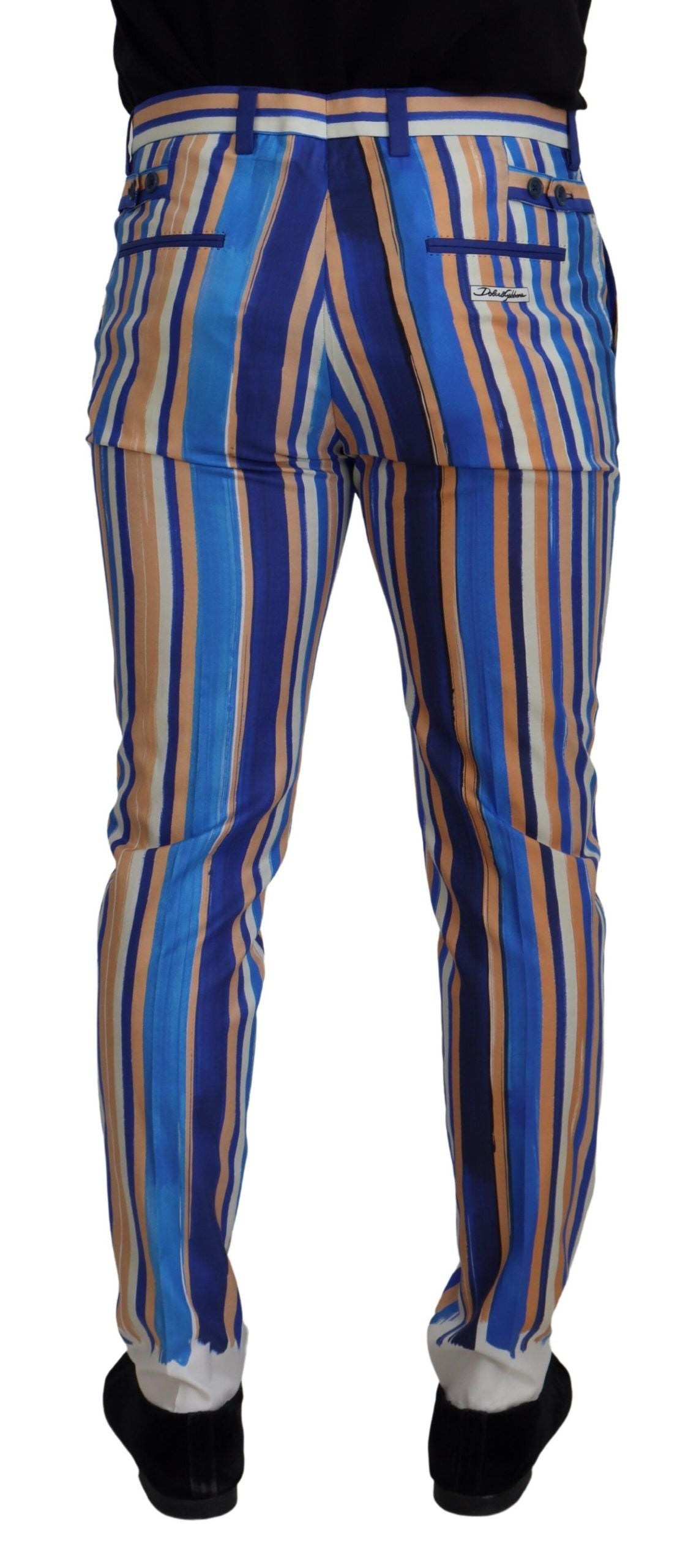Blue Striped Silk Cotton Slim Trousers Pants - ventzia