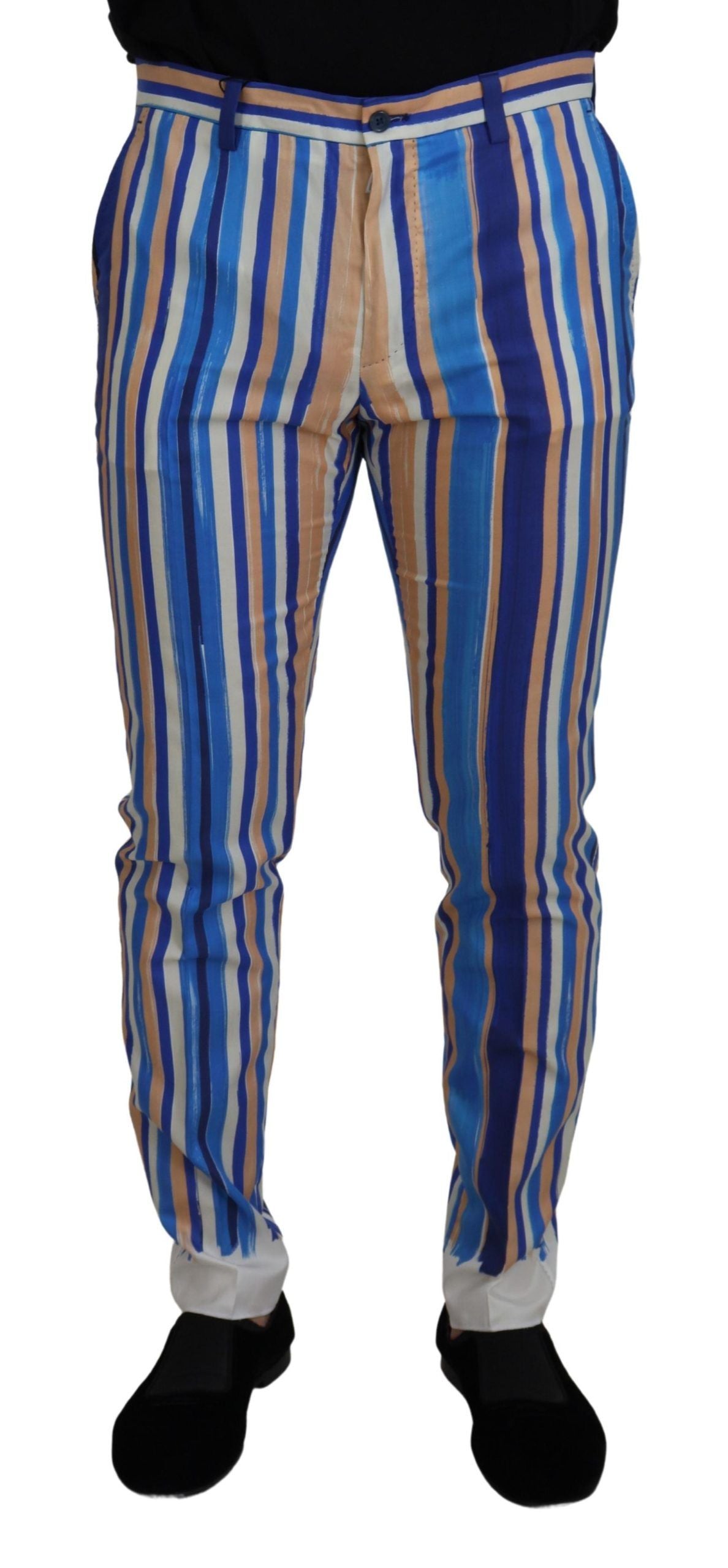 Blue Striped Silk Cotton Slim Trousers Pants - ventzia