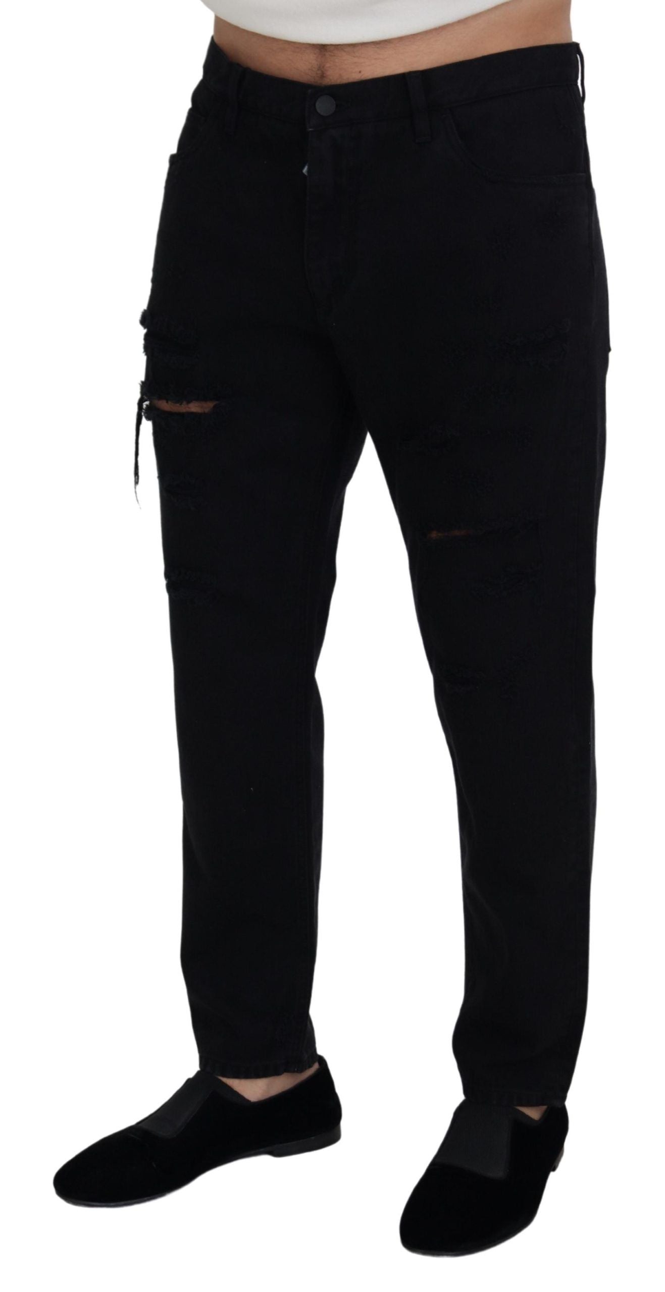 Black Loose Regular Torn Cotton Jeans - ventzia