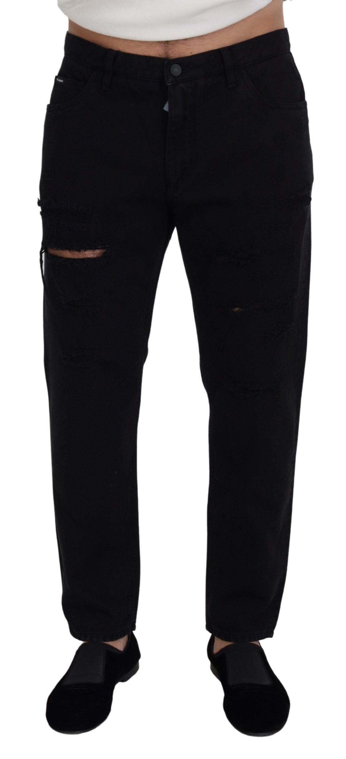 Black Loose Regular Torn Cotton Jeans - ventzia