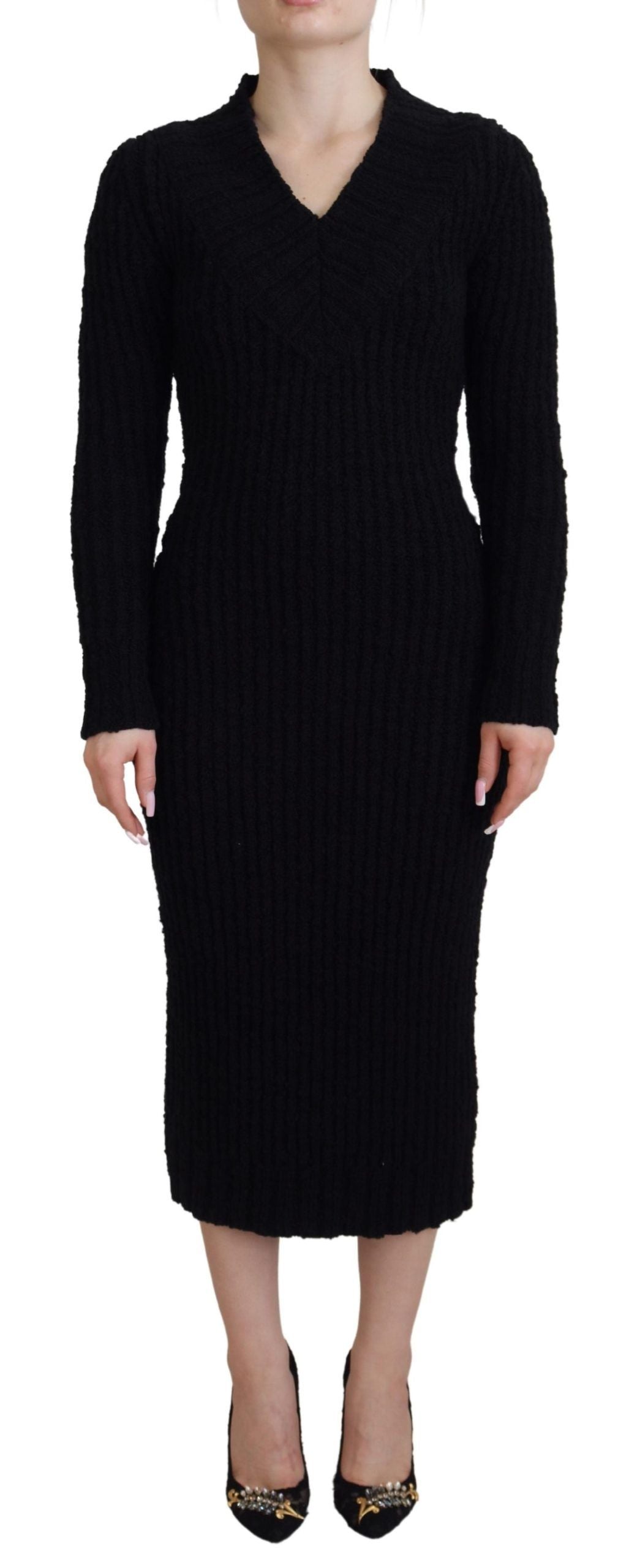 Black Wool Knitted Sheath Sweater Dress - ventzia