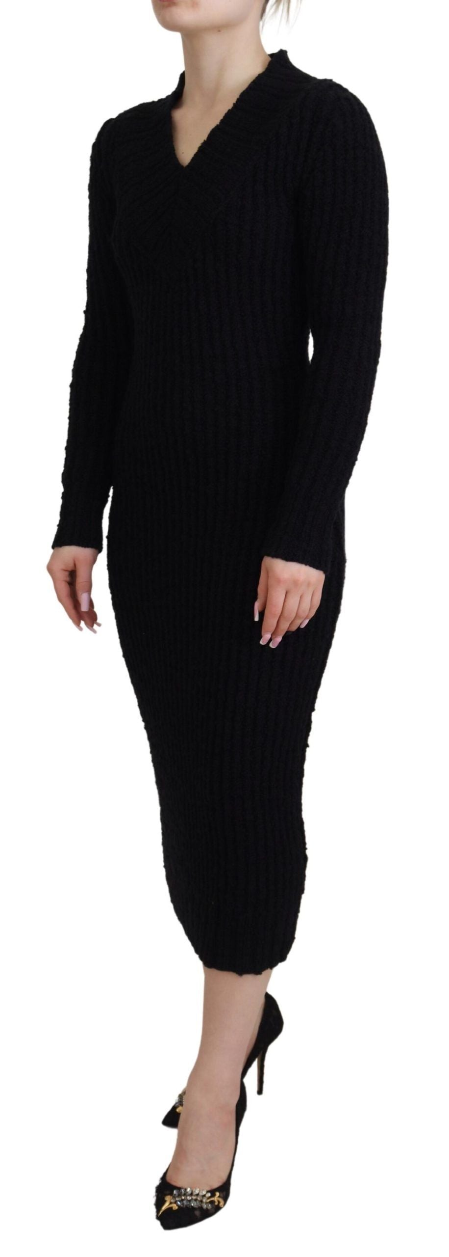 Black Wool Knitted Sheath Sweater Dress - ventzia