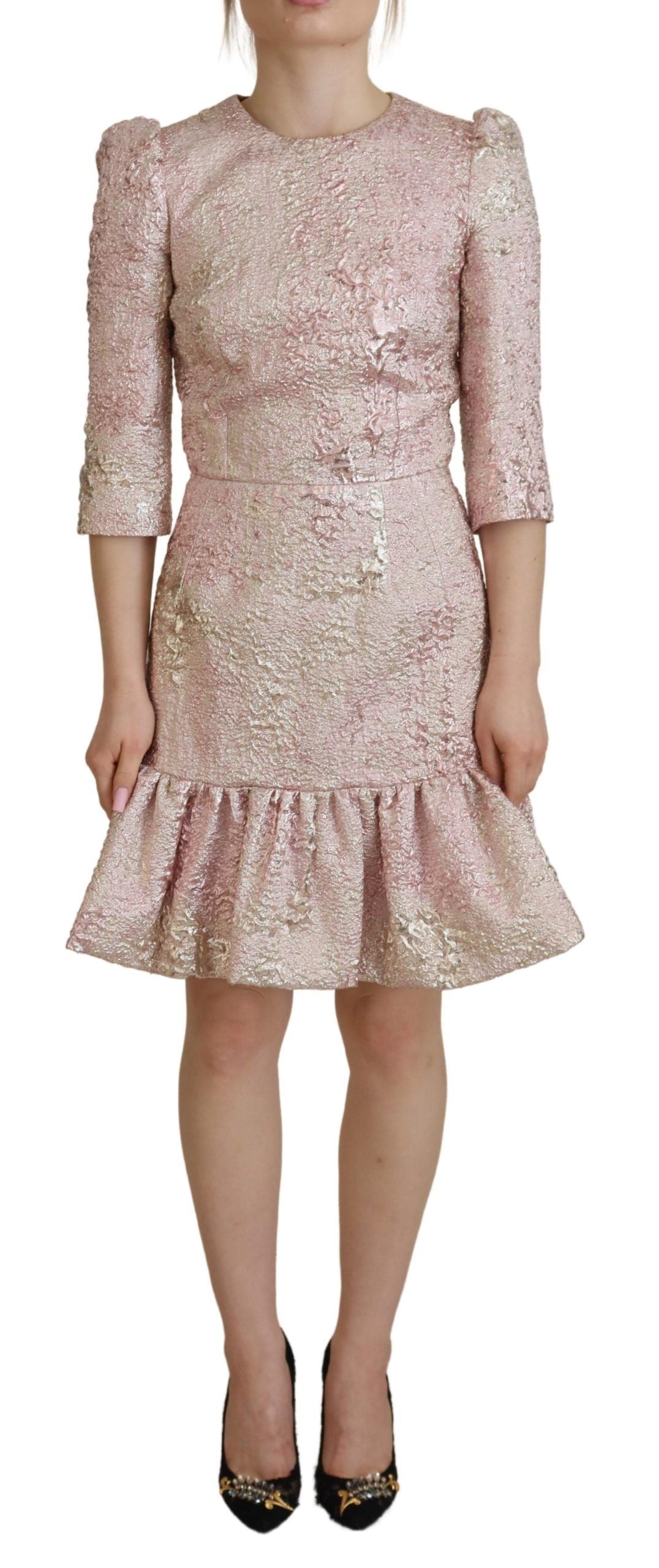Pink Jaquard 3/4 Sleeve Sheath Midi Dress - ventzia