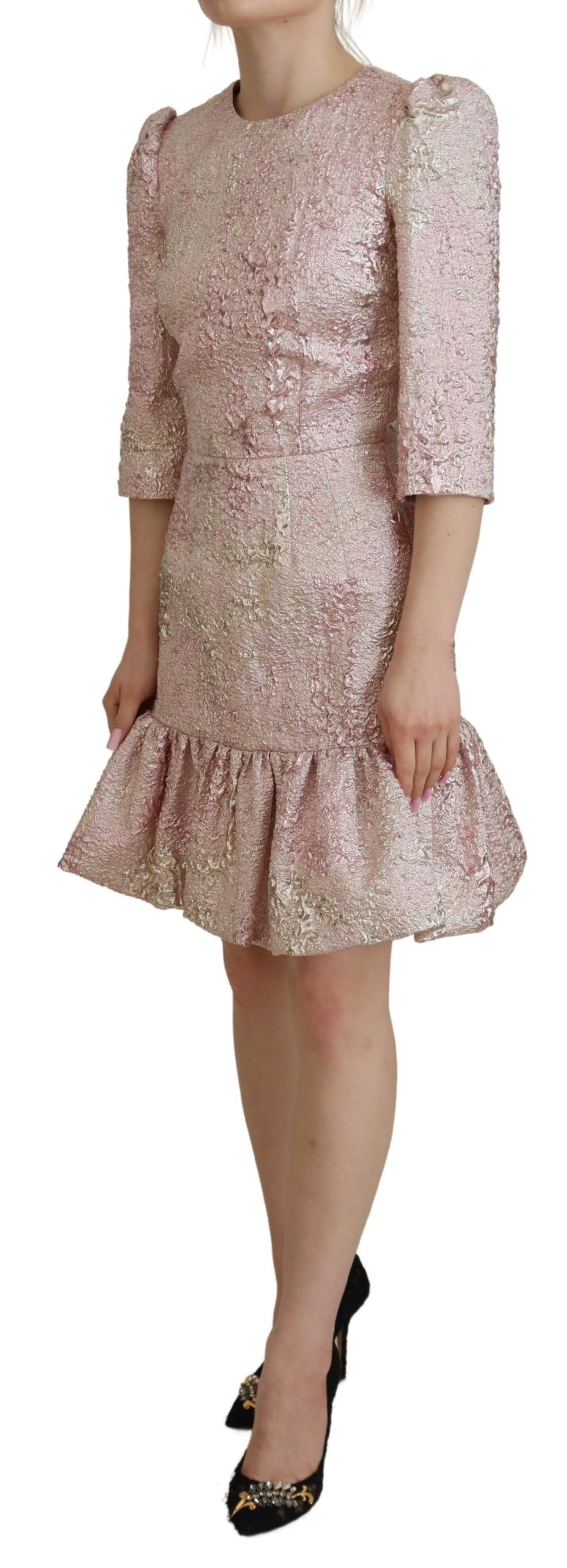 Pink Jaquard 3/4 Sleeve Sheath Midi Dress - ventzia