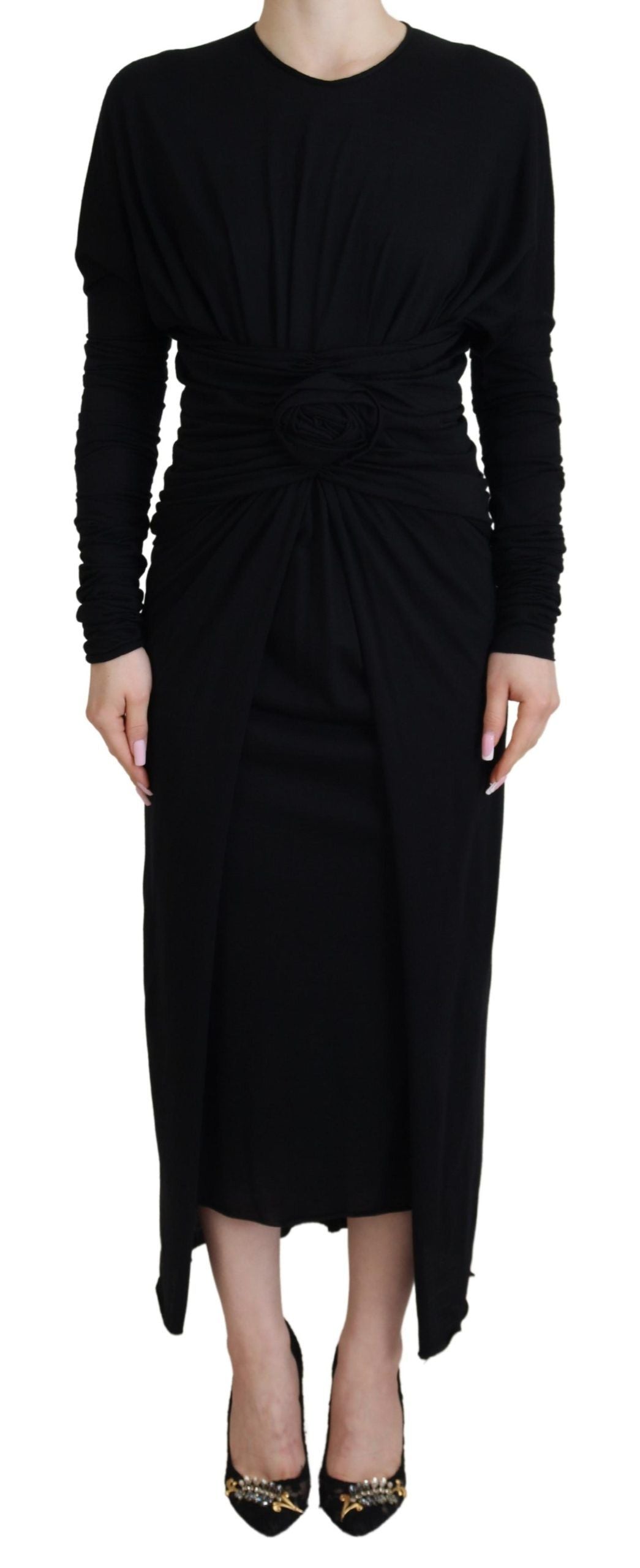 Black Sheath Midi Gown Wool Wrap Dress - ventzia