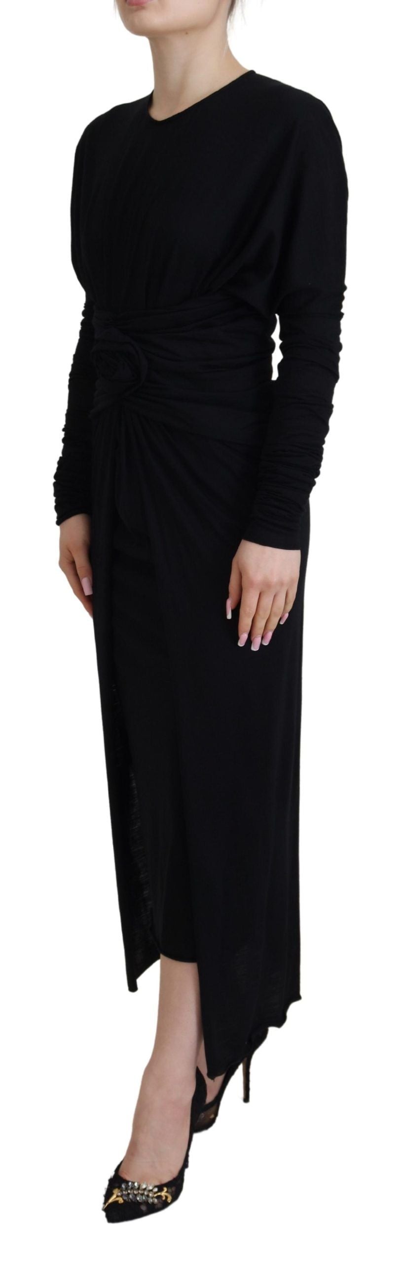 Black Sheath Midi Gown Wool Wrap Dress - ventzia