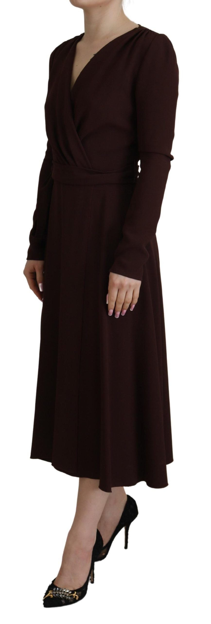 Brown Wrap Long Sleeve Midi Stretch Dress - ventzia
