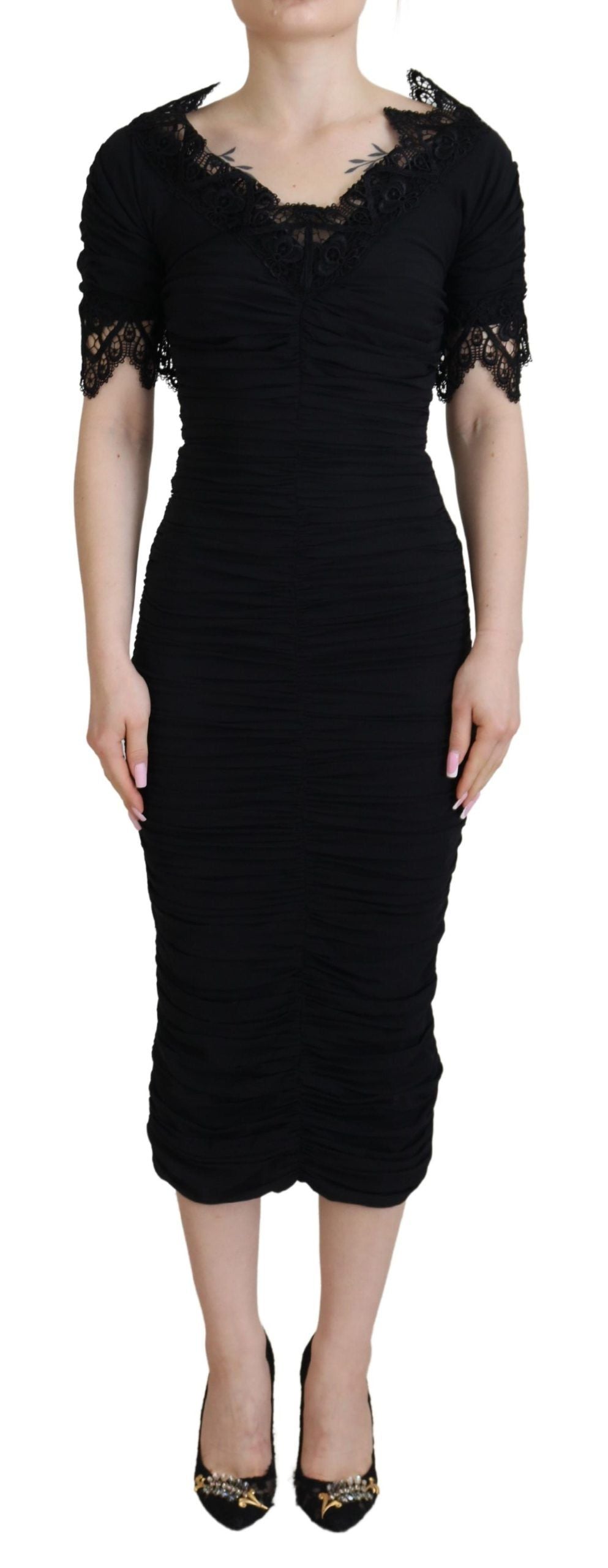 Black Sheath Midi Bodycon Lace Silk Dress - ventzia