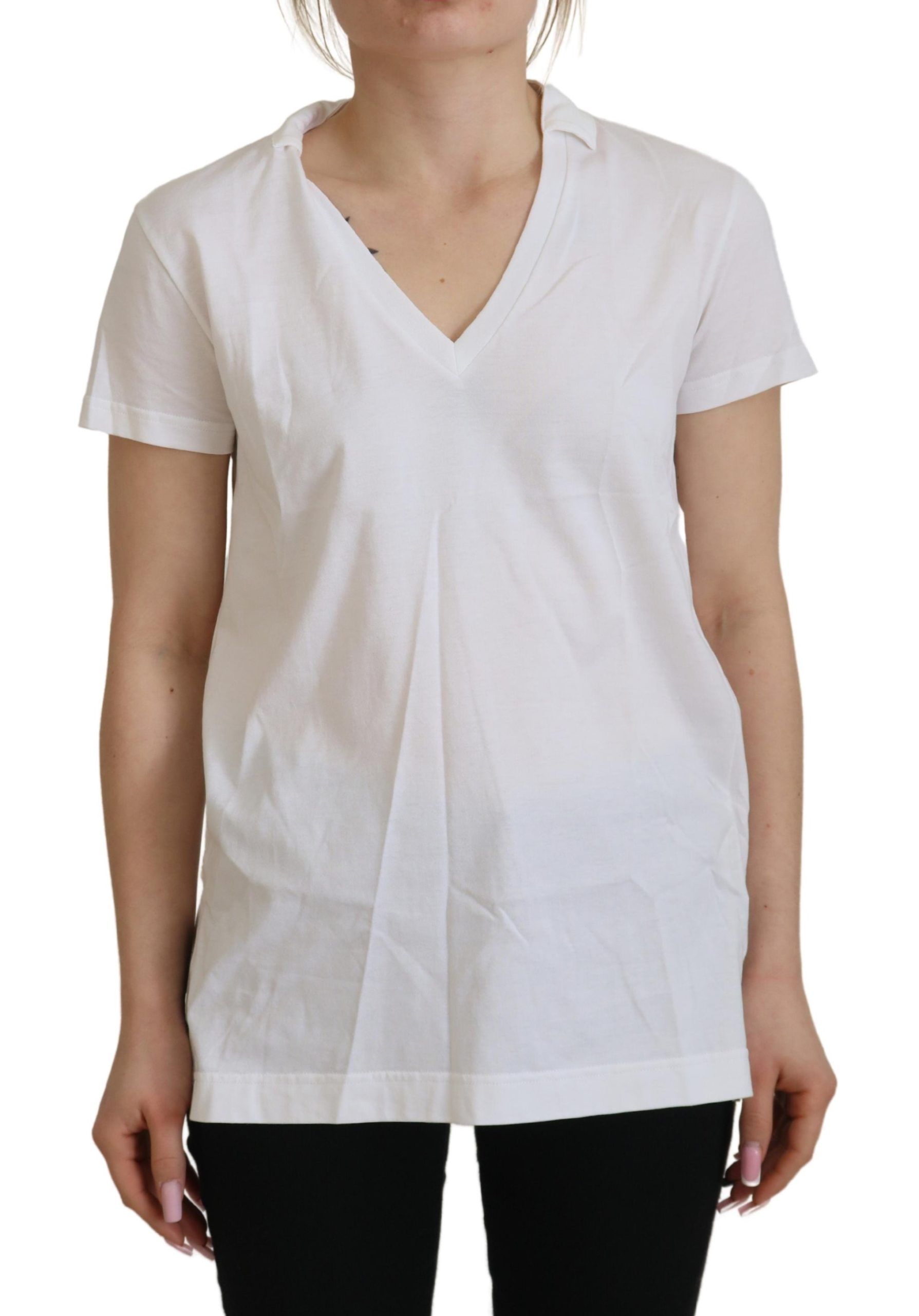 White Short Sleeve V-neck Cotton Top Blouse T-shirt - ventzia