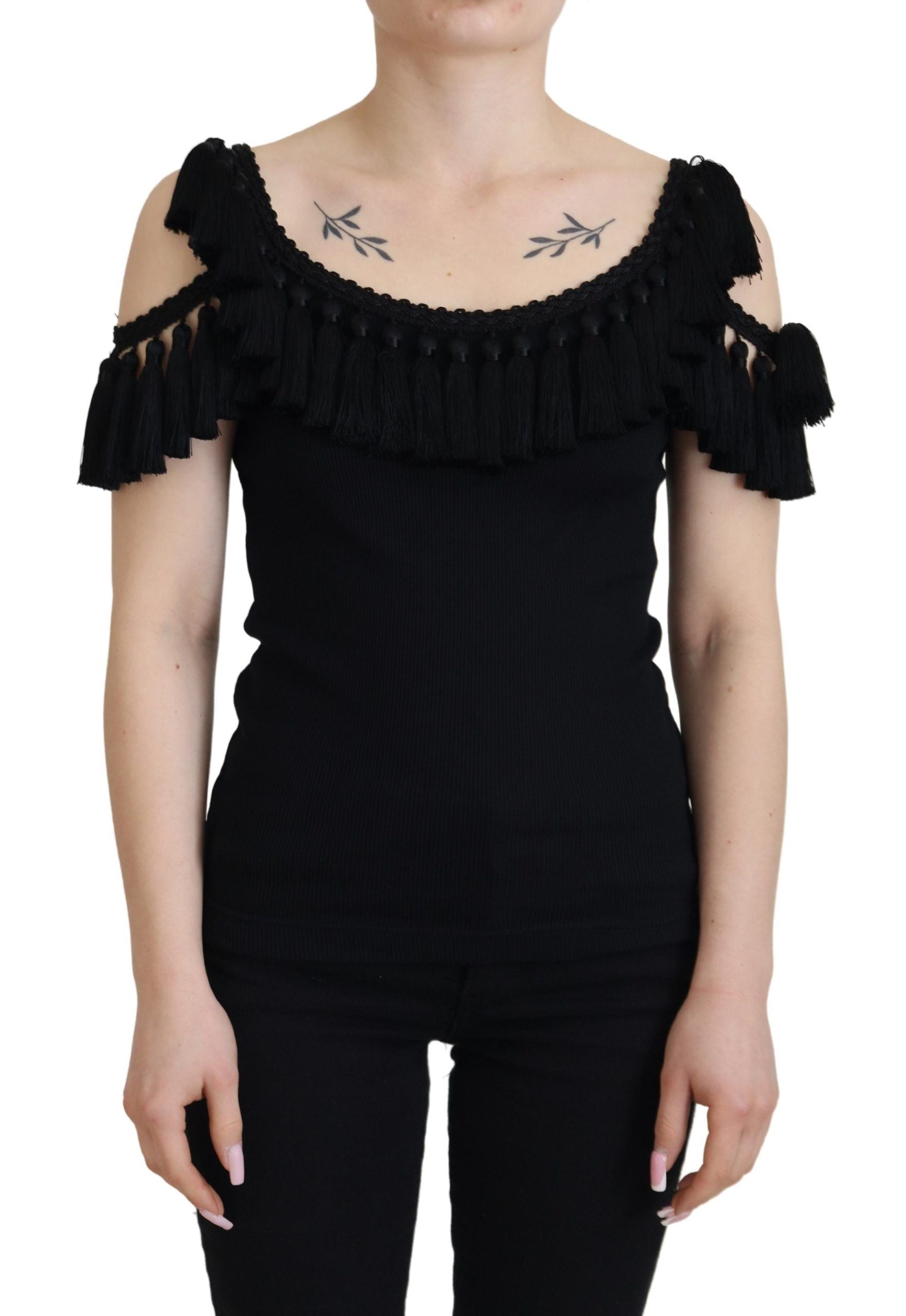 Black Tank Top Blouse Tassle Cotton Blouse - ventzia