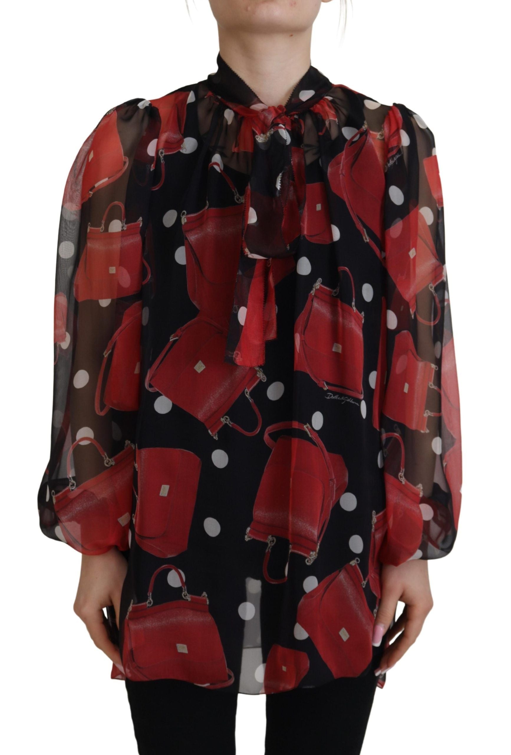 Black Red Sicily Bag Silk Shirt Top Blouse - ventzia