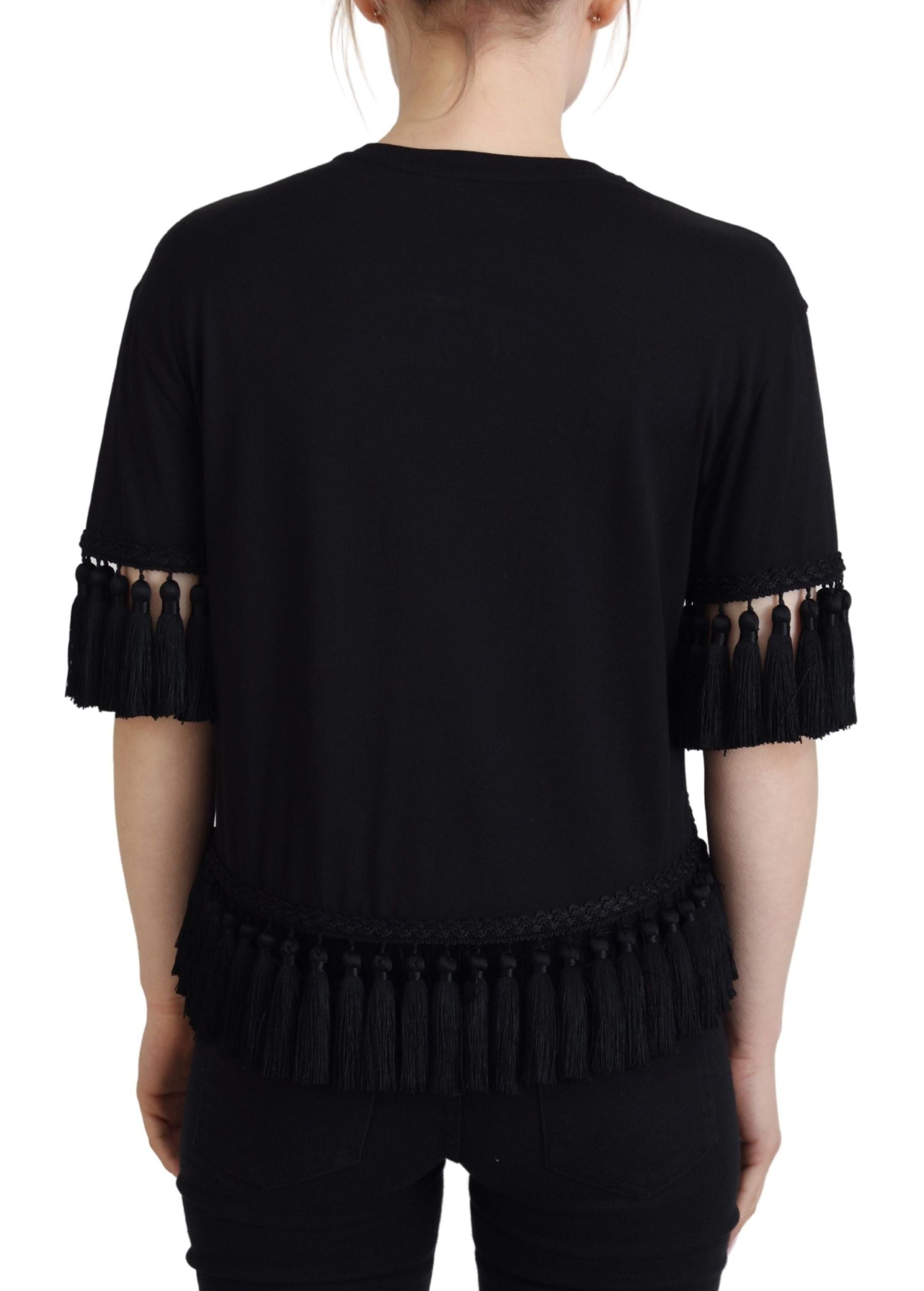 Black T-shirt Blouse Tassle Cotton Blouse - ventzia