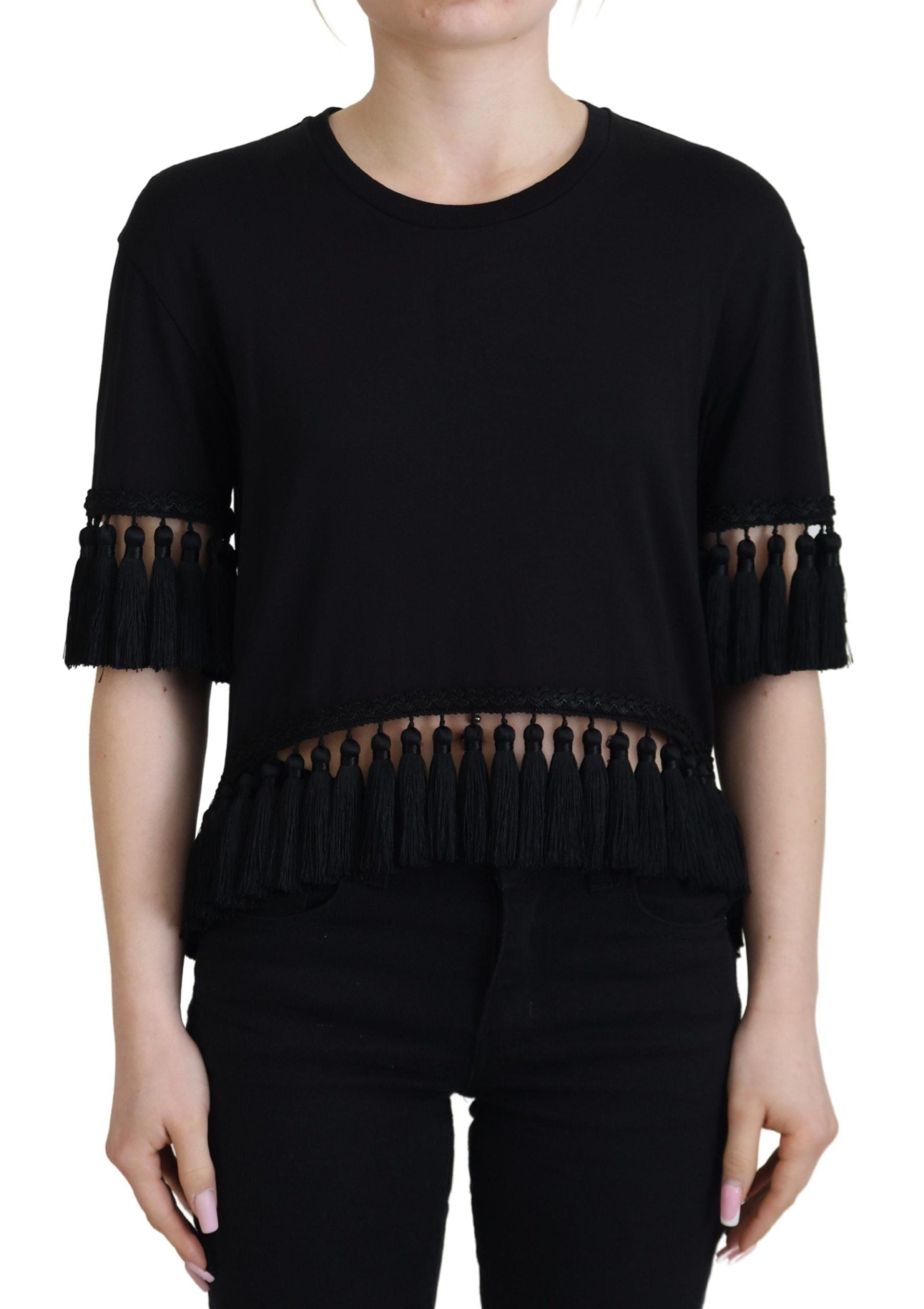 Black T-shirt Blouse Tassle Cotton Blouse - ventzia