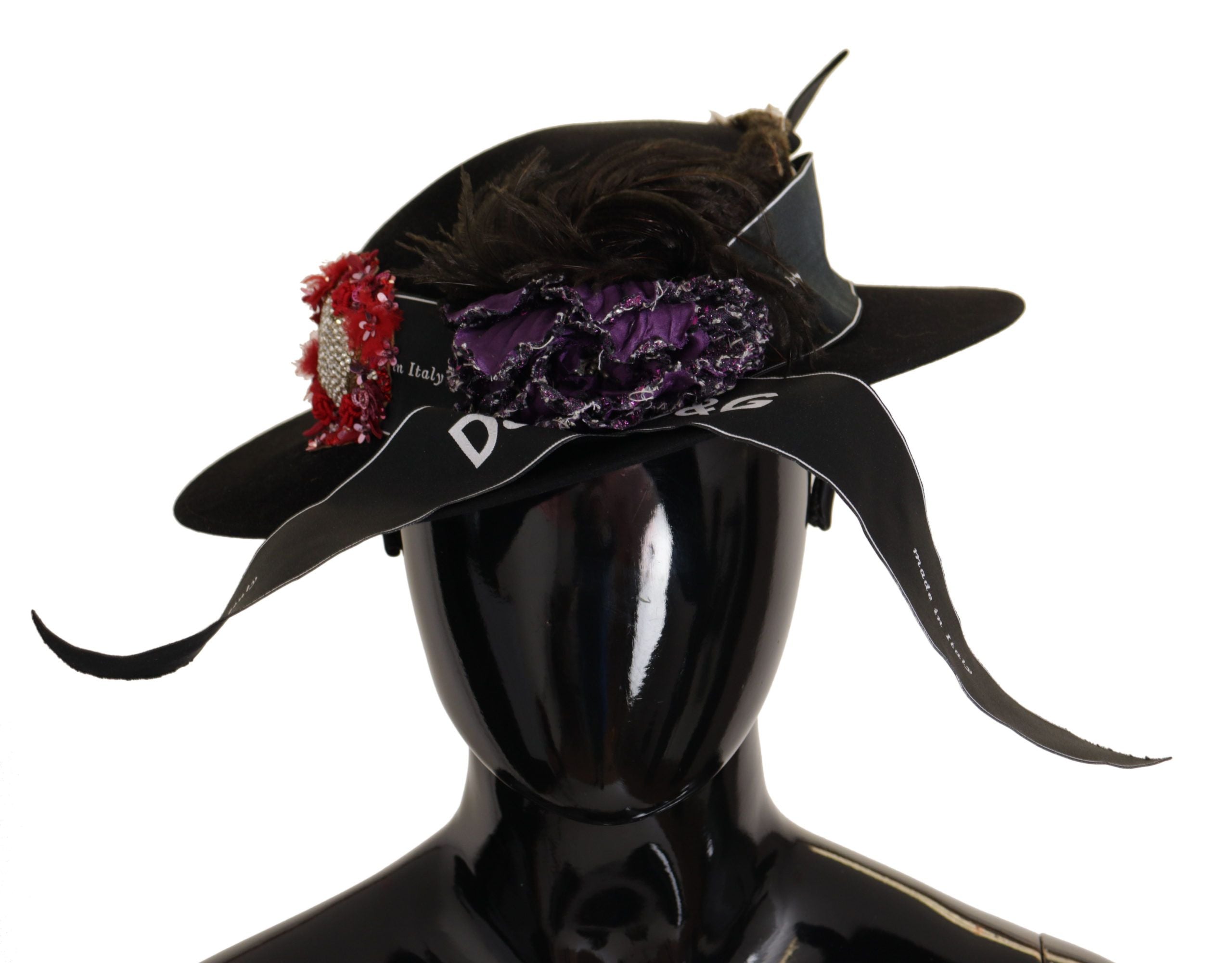 Black Lapil Crystal Heart Feather Brooch Fedora Hat - ventzia